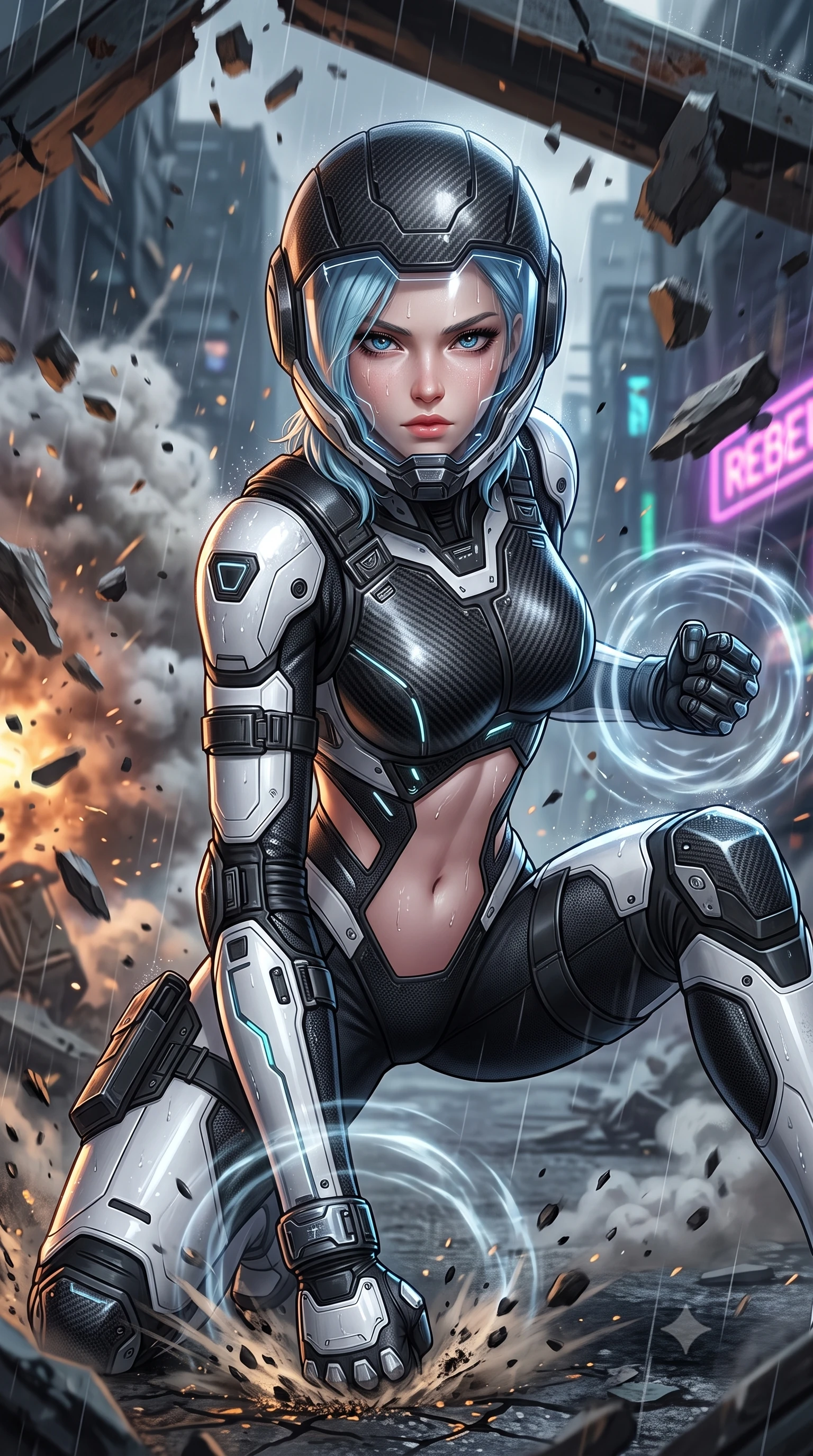 score_9, masterpiece, best quality, ultra-detailed, high-budget anime keyframe, semi-realistic 3D game render, editorial fashion photography, tasteful artistic composition, Korean woman. close-up cowboy shot from the waist and thighs up, the character dominates the composition, filling the frame with her large presence. tilting her head slightly with solemn warrior composure, sweat and rain glistening on her sculpted collarbones and high-bridge nose while sliding into a low defensive slide beneath an exploding barricade with fists wrapped in kinetic shockwave fields. The surrounding environment is rendered in vivid detail and crisp panoramic clarity. intricate forearm vambrace buckles, sweat beads on collarbones, and glowing laser lines in high clarity. She has an exceptionally elegant, slender, and willowy female figure with an ultra-slim waist, a gracefully sculpted slender torso, toned flat midriff, and a refined slim silhouette. sharp v-shaped jawline, high-bridge nose, intricate jewel-like eyes with depth, thick eyelashes, glossy lips with a natural sheen, fierce and resolute heroine expression, flawlessly proportioned anatomical accuracy, strict slender model proportions, natural body alignment, perfectly sculpted long slender limbs, ultra-slim waistline, clean dynamic posture without body distortion. wearing an open-face aerodynamic carbon-fiber combat helmet with a retracted transparent holographic HUD visor framing her sharp jawline and jewel-like eyes, paired with a form-contouring high-mobility battle-suit featuring sculpted carbon chest plating, diagonal midriff ventilation cutouts, and kinetic knee vambraces in monochrome white enamel carbon with high-contrast black tactical panels, made of liquid carbon-jersey fabric accentuating every curve of her tall, slender model proportions, finished with high-mobility flexible armor articulation seams and miniature magnetic locks, the precision-cut daring openings accentuating her delicate midriff, graceful bare collarbones, and ultra-slim feminine waistline. surrounded by a rebellious, passionate, and fiercely alluring dystopian freedom-fighter aura. rich saturated anime colors with glowing neon highlights, detailed shading with soft gradients, rich glossy textures, high-contrast stereoscopic depth, volumetric dynamic lighting, master piece, 9:16 ratio