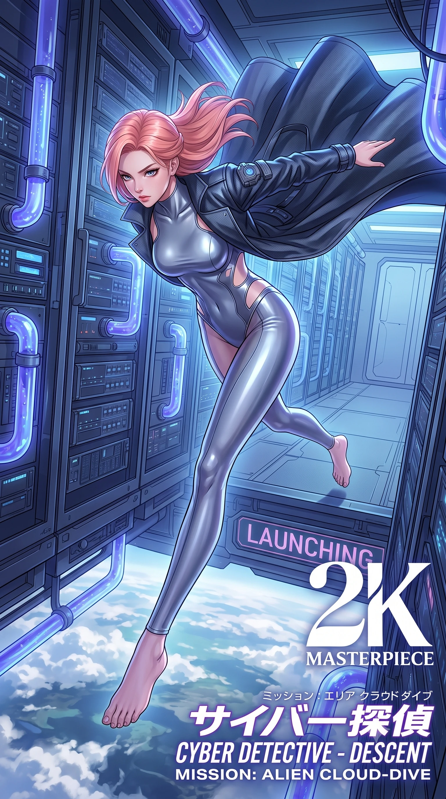 score_9, masterpiece, best quality, ultra-detailed, high-budget anime keyframe, editorial fashion photography, tasteful artistic composition, Japanese woman. low angle full-body shot from head to toe showing her feet, filling the entire 9:16 vertical frame with her statuesque presence, stretching her vertical silhouette. leaping off a launching drop-ship, diving headfirst toward the cloud tops of an alien world through a corridor of water-cooled server racks, cold water visible pulsing through glass pipes along walls. She has a statuesque 8.5-heads proportion, an exceptionally tall, slender and willowy model-like build with impossibly long legs and a highly sculpted ultra-slim waist. sharp v-shaped jawline, high-bridge nose, intricate jewel-like eyes with depth, thick eyelashes, glossy lips with a natural sheen. wearing tailored for maximum mobility, sleek form-contouring panels that allow fluid movement, a slim-fit liquid-mercury bodysuit with high-cut legs and side torso cutouts, layered under a long open cyber-detective trench coat. highly saturated vibrant anime colors, intense vivid color palette, soft 3D volumetric shading, volumetric dynamic lighting, cool ethereal blue-violet bioluminescent glow wrapping around her from all sides. 2k, ultra detail, master piece, 9:16 ratio