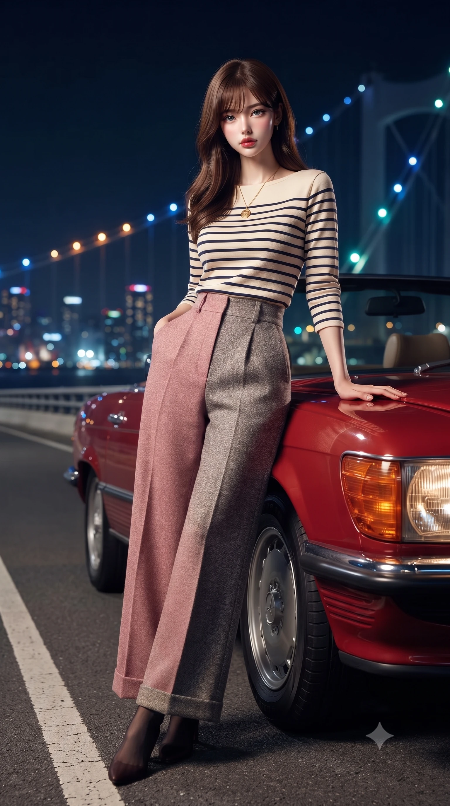 score_9, masterpiece, best quality, ultra-detailed, high-budget anime keyframe, editorial fashion photography, tasteful artistic composition, Korean woman. low angle full-body shot from head to toe showing her feet, filling the entire 9:16 vertical frame with her statuesque presence, stretching her vertical silhouette. standing poised with one hip cocked in an alluring high-fashion pose, her tall 8.5-heads proportions dominating the scene while leaning against the hood of a cherry-red vintage 1980s convertible parked on a coastal suspension bridge at midnight. The composition keeps background elements in soft focus with creamy bokeh. distant city harbor skylines and suspension bridge cable lights blurred into soft sapphire, amber, and turquoise bokeh. She has an absolutely perfect, statuesque 8.5-heads proportion, an exceptionally tall and slender model-like female figure with impossibly long slender legs, a toned flat midriff, and an ultra-slim waist. sharp v-shaped jawline, high-bridge nose, intricate jewel-like eyes with depth, thick eyelashes, glossy lips with a natural sheen, captivating and magnetic expression, flawlessly proportioned anatomical accuracy, strict slender model proportions, natural body alignment, perfectly sculpted long slender limbs, ultra-slim waistline, clean dynamic posture without body distortion. wearing a chic French-girl style boatneck Breton striped top paired with high-rise wide-leg sailor trousers in dusty rose pink and vintage heather grey, tailored from fine British wool tweed and comfortable stretch cotton, accented with a vintage gold coin pendant necklace and dark sheer tights, the liquid-tight tailored fabric emphasizing every curve of her tall, slender model proportions and sculptured silhouette during dynamic movement. surrounded by a free-spirited, glamorous, and wonderfully nostalgic midnight road-trip queen aura. ultra-reflective glossy finish, specular highlights, rich textural contrasts, high-contrast stereoscopic depth, volumetric dynamic lighting, 2k, ultra detail, master piece, 9:16 ratio