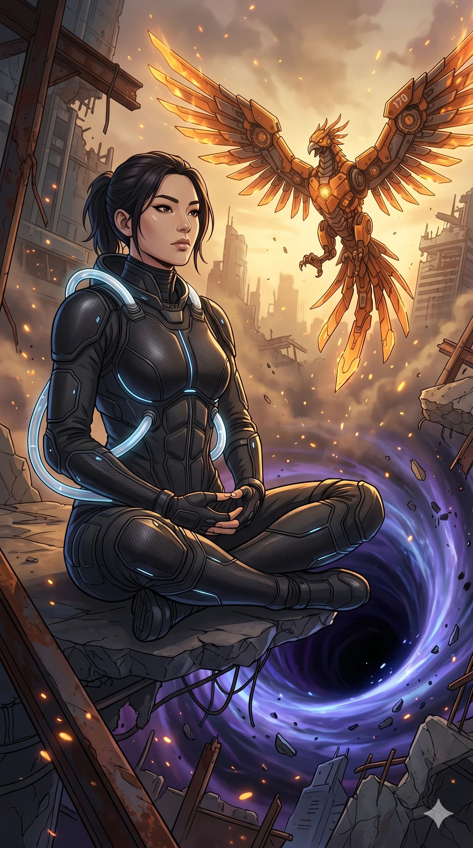 score_9, masterpiece, best quality, ultra-detailed, Set A: High-budget Anime Keyframe, Korean woman. Low angle cowboy shot filling the entire 9:16 frame with her statuesque presence. Theme: Urban Decay. meditating in the edge of a black hole, while a mechanical phoenix rises in the background marked 170. The atmosphere is filled with golden hour with floating embers. She has an absolutely perfect 8-heads proportion, an exceptionally tall and slender female figure with impossibly long slender legs and an ultra-slim waist. Sharp v-shaped jawline, high-bridge nose, intricate jewel-like eyes with depth, glossy lips. Wearing Interstellar pilot suit with glowing oxygen-tubes and a sleek carbon-fiber frame. Cinematic lighting, vivid colors, dramatic shadows, 2k, ultra detail, master piece, 9:16 ratio