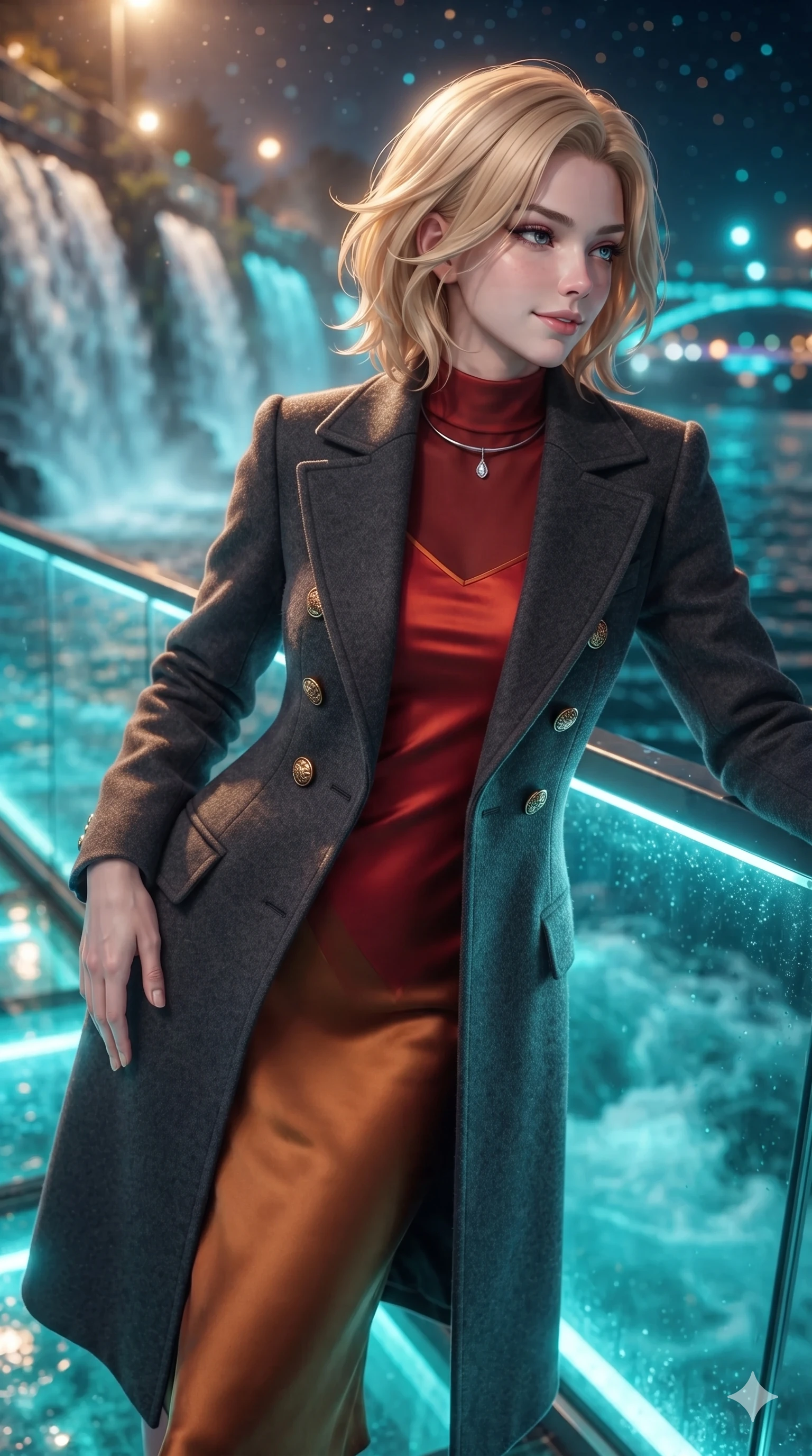 score_9, masterpiece, best quality, ultra-detailed, high-budget anime keyframe, editorial fashion photography, tasteful artistic composition, Caucasian woman. close-up cowboy shot from the waist and thighs up, the character dominates the composition, filling the frame with her large presence. tilting her head with a teasing half-smile, running one hand slowly down the side of her hip in a flirtatious S-curve as ambient light caresses her silhouette while leaning against the illuminated glass balustrade with hips cocked back, gazing through the rising thermal clouds with intoxicating bedroom-eyes. The background shows a soft-focus cascading illuminated thermal waterfalls, rushing turquoise water beneath transparent glass, and distant neon bridges blurred into turquoise, sapphire, and amber bokeh. She has an exceptionally elegant, slender, and willowy female figure with an ultra-slim waist, flat toned midriff, narrow ribcage, and sculpted feminine hips creating an alluring, slim hourglass silhouette without bulk. sharp v-shaped jawline, high-bridge nose, intricate jewel-like sparkling eyes with depth, thick eyelashes, glossy parted lips with a natural sheen, intensely captivating and seductive bedroom-eyes expression, exuding both youthful cute charm and sovereign luxury allure, flawlessly proportioned anatomical accuracy, strict slender model proportions, natural body alignment, perfectly sculpted long slender limbs, ultra-slim waistline, clean dynamic posture without body distortion. wearing a structured Belle Époque cashmere opera greatcoat with polished brass crest buttons layered over a high-neck slip in imperial vermilion silk and warm bronze, crafted from bespoke double-faced cashmere with an exceptionally soft tactile finish, finished with a minimalist chrome choker and a single teardrop diamond pendant, the impeccably tailored cut draping gracefully along her slender figure with aristocratic poise. bathed in the vibrant underwater turquoise illumination filtering through the glass floor mixed with warm overhead starlight. ultra-reflective glossy finish, specular highlights, rich textural contrasts, high-contrast stereoscopic depth, volumetric dynamic lighting, 2k, ultra detail, master piece, 9:16 ratio