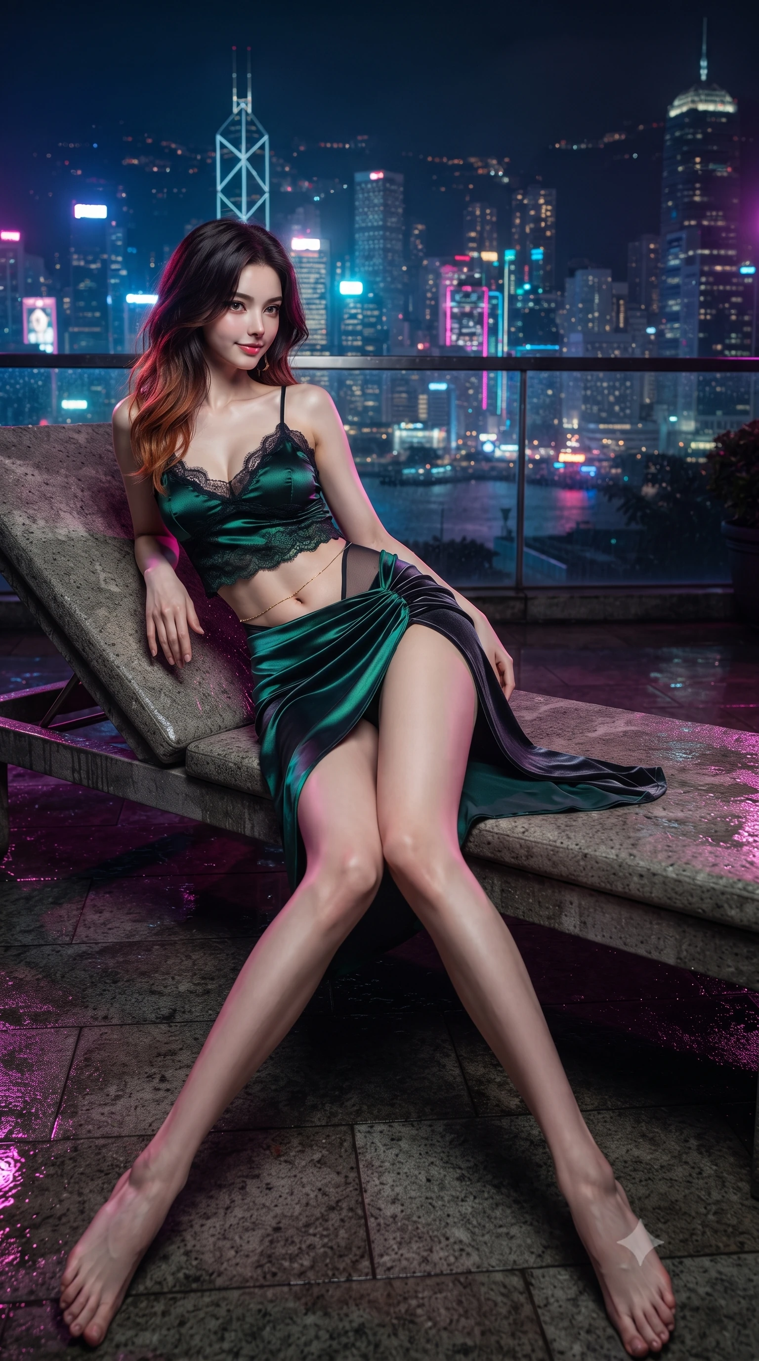 score_9, masterpiece, best quality, ultra-detailed, high-budget anime keyframe, editorial fashion photography, tasteful artistic composition, Korean woman. low angle full-body shot from head to toe showing her feet, filling the entire 9:16 vertical frame with her statuesque presence, stretching her vertical silhouette. executing a slow, graceful pivot turn as her skirt sways around her slender legs, glancing back with an enchanting, teasing sensual expression while lounging across a wet-stone outdoor chaise lounge propped on one elbow, her flat midriff and long slender limbs commanding the neon abyss. The surrounding environment is rendered in vivid detail and crisp panoramic clarity: detailed second-skin vinyl catsuit cling, chrome buckle shine, and futuristic Hong Kong skyscraper engineering in razor-sharp precision. She has an absolutely perfect, statuesque 8.5-heads proportion, an exceptionally tall and slender model-like female figure with impossibly long slender legs, an ultra-slim waist, a flat toned midriff, narrow delicate ribcage, and beautifully sculpted feminine hips creating a graceful, slim hourglass silhouette without any bulky heaviness. sharp v-shaped jawline, high-bridge nose, sparkling eyes with hypnotic seductive depth, thick curled eyelashes, glossy parted lips with a natural dewy peach sheen, alluring bedroom-eyes with an enchanting coquettish smile, exuding magnetic siren charisma and sophisticated glamour, flawlessly proportioned anatomical accuracy, strict slender model proportions, natural body alignment, perfectly sculpted long slender limbs, ultra-slim waistline, clean dynamic posture without body distortion. wearing a delicate lace-trimmed silk camisole paired with a draped satin wrap sarong mini skirt with high side slit in iridescent emerald satin and dark charcoal velvet, made of semi-opaque stretch illusion mesh with soft shadowy contours, accented with a dainty gold belly chain resting across her flat midriff and curving hips, the form-contouring silhouette accentuating her sculpted flat midriff, narrow delicate ribcage, and gracefully curvy hips with intoxicating allure. illuminated by wet terrace specular reflections and sharp emerald-magenta rim lights sculpting her razor-sharp jawline, narrow waist, and curvy hips. ultra-reflective glossy finish, specular highlights, rich textural contrasts, high-contrast stereoscopic depth, volumetric dynamic lighting, 2k, ultra detail, master piece, 9:16 ratio