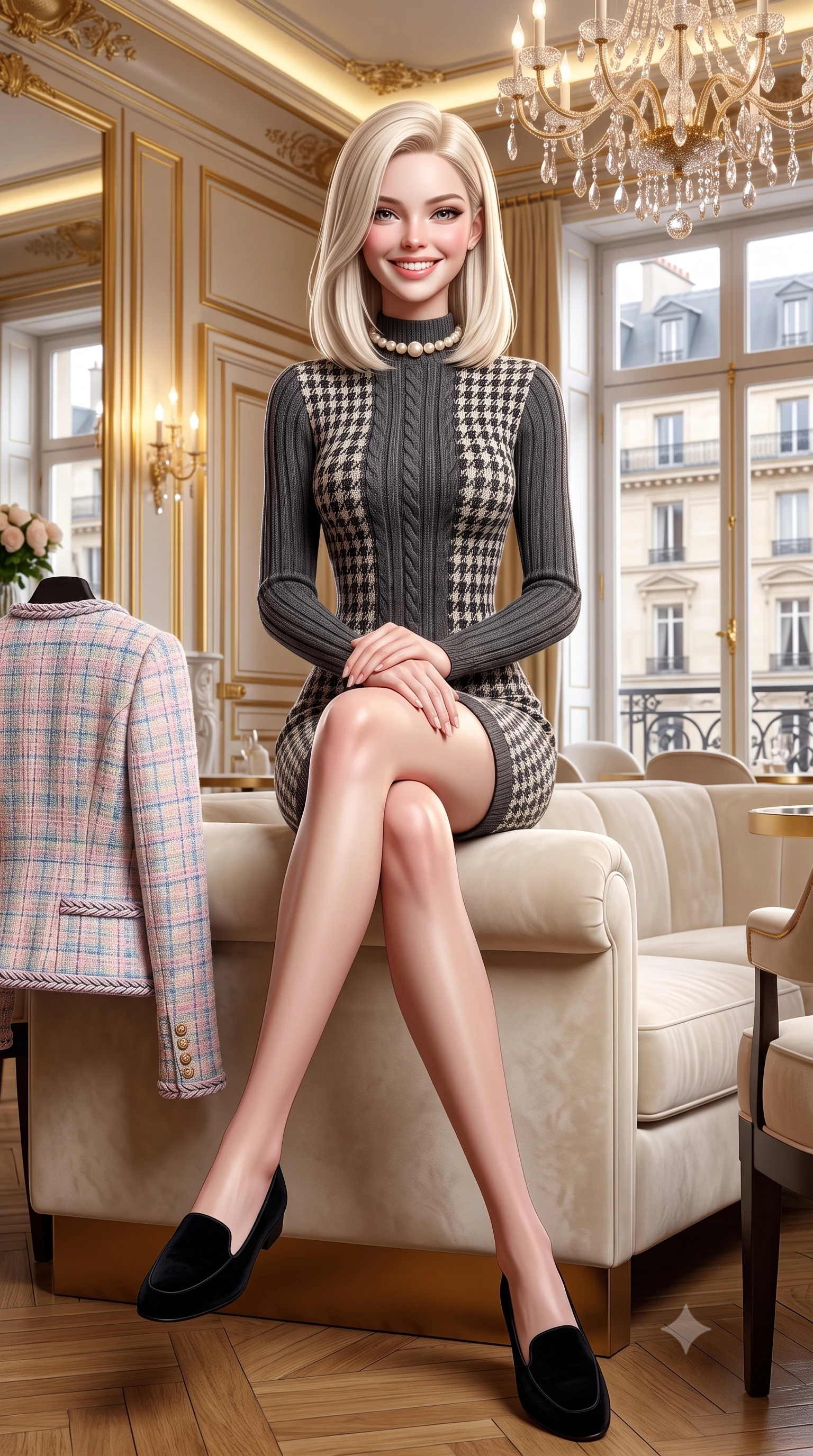 score_9, masterpiece, best quality, ultra-detailed, high-budget anime keyframe, semi-realistic 3D game render, editorial fashion photography, tasteful artistic composition, Caucasian woman. low angle full-body shot from head to toe showing her feet, filling the entire 9:16 vertical frame with her statuesque presence, stretching her vertical silhouette. sitting gracefully on the plush bench with legs crossed and angled toward the camera, highlighting her long slender limbs and hourglass waist while sitting poised on an ivory velvet banquette with hands folded neatly in her lap, exuding impeccable French haute-couture elegance. The surrounding environment is rendered in vivid detail and crisp panoramic clarity: detailed Chanel-inspired pastel tweed jacket weave, braided trim borders, and premier Parisian interior architecture in razor-sharp precision. She has an exceptionally tall and slender model-like 8.5-heads proportion, an ultra-slim waist, a flat toned midriff, narrow delicate ribcage, and beautifully sculpted feminine hips creating a graceful, slim hourglass silhouette without any bulky heaviness, with impossibly long slender legs. sharp v-shaped jawline, high-bridge nose, intricate jewel-like sparkling eyes with depth, thick eyelashes, glossy parted lips with a natural peach sheen, bright cheerful beaming smile with an enchanting and coquettish sensual glint, exuding both youthful cute charm and seductive allure, flawlessly proportioned anatomical accuracy, strict slender model proportions, natural body alignment, perfectly sculpted long slender limbs, ultra-slim waistline, clean dynamic posture without body distortion. wearing a sculpted cable-ribbed cashmere bodycon sweater dress with long fitted sleeves and a snug mock-neck tracing her slender silhouette in classic Savile Row charcoal houndstooth and crisp ivory, woven from fine elastic rib-knit fabric tracing every millimeter of her slender torso, complemented by an antique baroque pearl choker accentuating her delicate neck and collarbones, the second-skin tailored fabric adhering flawlessly to her sculpted flat midriff and slender torso, emphasizing her long leg lines and perfectly proportioned willowy build. bathed in brilliant 3500K warm-white cove illumination and glittering multi-faceted crystal chandelier reflections. highly saturated vibrant anime colors, detailed shading with soft gradients, rich glossy textures, high-contrast stereoscopic depth, volumetric dynamic lighting, master piece, 9:16 ratio