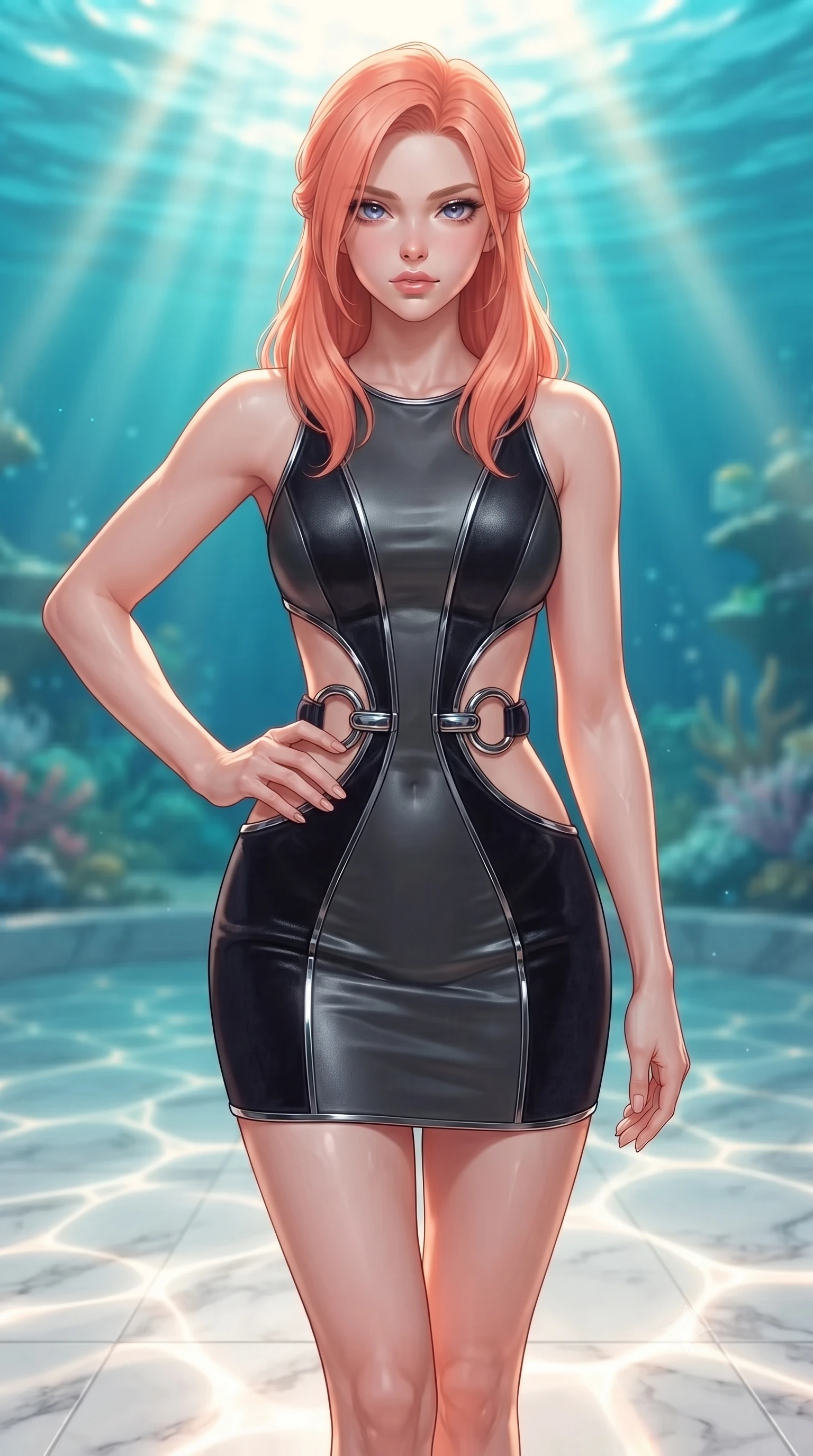 score_9, masterpiece, best quality, ultra-detailed, high-budget anime keyframe, editorial fashion photography, tasteful artistic composition, Japanese woman. close-up cowboy shot from the waist and thighs up, the character dominates the composition, filling the frame with her large presence, background elements kept in soft focus. Holding a confident power pose with one hand on her hip, walking across a pearl-white marble floor illuminated by caustic water ripples, golden sunbeams penetrating turquoise ocean water creating caustic light webs. She has an exceptionally elegant, slender, and willowy female figure with an ultra-slim waist, a gracefully sculpted slender torso, and a refined silhouette. sharp v-shaped jawline, high-bridge nose, intricate jewel-like eyes with depth, thick eyelashes, glossy lips with a natural sheen. wearing dramatic architectural open-waist cutout mini dress in dark velvet framed by chrome hardware in dark charcoal gray, made of polished black leather, accented with sculpted obsidian chrome rings at the waist, following her slender form with tailored precision. lit by clear sunbeams penetrating ocean depths with soft shadows. highly saturated vibrant anime colors, detailed shading with soft gradients, rich glossy textures, high-contrast stereoscopic depth, volumetric dynamic lighting, master piece, 9:16 ratio