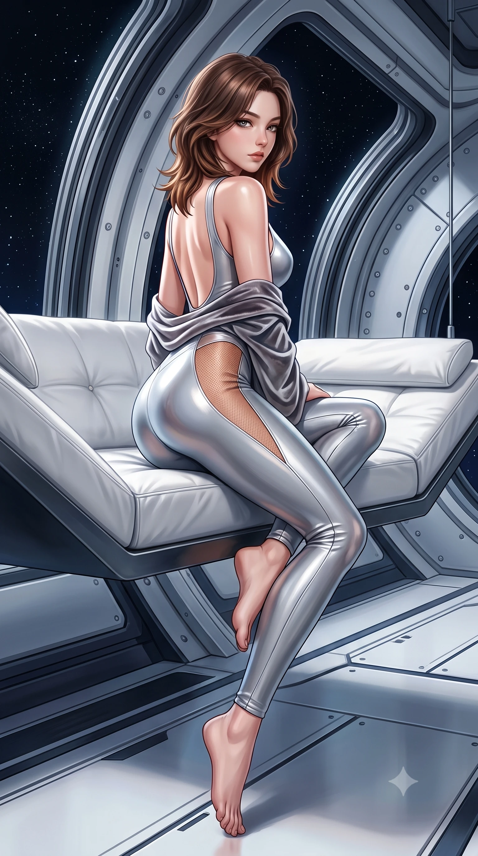 score_9, masterpiece, best quality, ultra-detailed, high-budget anime keyframe, semi-realistic 3D game render, editorial fashion photography, tasteful artistic composition, Korean woman. low angle full-body shot from head to toe showing her feet, filling the entire 9:16 vertical frame with her statuesque presence, stretching her vertical silhouette. sitting perched on the elevated edge with hips angled toward the camera and legs crossed, displaying her toned midriff and flawlessly sculpted slender limbs while reclining on a suspended zero-gravity white leather daybed with one knee drawn up, looking back over her bare shoulder with celestial bedroom-eyes. The surrounding environment is rendered in vivid detail and crisp panoramic clarity. sharp curved station viewport frames, titanium bulkhead rivets, and magnetic deck seams in deep focus. She has an exceptionally tall and slender model-like 8.5-heads proportion, an ultra-slim waist, a flat toned midriff, narrow delicate ribcage, and beautifully sculpted feminine hips creating a graceful, slim hourglass silhouette without any bulky heaviness, with impossibly long slender legs. sharp v-shaped jawline, high-bridge nose, intricate jewel-like eyes with depth, thick eyelashes, glossy parted lips with a natural sheen, intensely captivating and seductive bedroom-eyes expression, flawlessly proportioned anatomical accuracy, strict slender model proportions, natural body alignment, perfectly sculpted long slender limbs, ultra-slim waistline, clean dynamic posture without body distortion. wearing a liquid-silver aerodynamic space-couture catsuit with an open scooped back and sheer contouring mesh hip panels in desert terracotta copper and sun-baked sand gold, crafted from luxurious metallic lamé that shifts radiance with every step, complemented by a plush velvet shawl draped loosely over her elbows, the liquid-tight tailored fabric clinging flawlessly to her narrow waist and rounded feminine hips, emphasizing every millimeter of her sculpted slim hourglass curves without any bulky heaviness. illuminated by sleek metallic specular reflections sharply defining her bare collarbones, ultra-slim waist, and curvy hips. highly saturated vibrant anime colors, detailed shading with soft gradients, rich glossy textures, high-contrast stereoscopic depth, volumetric dynamic lighting, master piece, 9:16 ratio