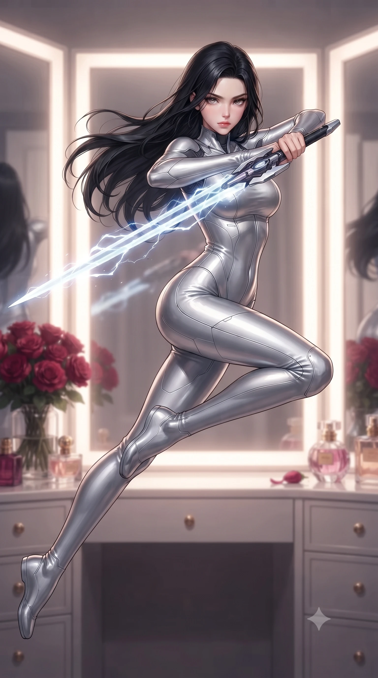 score_9, masterpiece, best quality, ultra-detailed, high-budget anime keyframe, editorial fashion photography, tasteful artistic composition, Korean woman. low angle full-body shot from head to toe showing her feet, filling the entire 9:16 vertical frame with her statuesque presence, stretching her vertical silhouette. leaping forward while slashing with a twin-bladed plasma sword in mid-air, her body-contouring suit showing her athletic silhouette, the background shows a soft-focus a dressing room corner with bouquets of red roses and perfume bottles. She has an absolutely perfect, statuesque 8.5-heads proportion, an exceptionally tall and slender model-like female figure with impossibly long slender legs and an ultra-slim waist. sharp v-shaped jawline, high-bridge nose, intricate jewel-like eyes with depth, thick eyelashes, glossy lips with a natural sheen. wearing a slim-fit form-contouring liquid silver space flight under-suit, contouring her athletic, slender build. soft vanity lighting reflecting off mirrors to create a glowing frame around her. ultra-reflective glossy finish, specular highlights, metallic sheen, high-contrast stereoscopic depth, volumetric dynamic lighting, 2k, ultra detail, master piece, 9:16 ratio