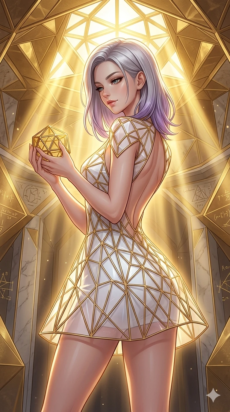 score_9, masterpiece, best quality, ultra-detailed, high-budget anime keyframe, editorial fashion photography, tasteful artistic composition, Caucasian woman, strictly human ears. cowboy shot from the thighs up, character and outfit filling the frame for maximum editorial presence. holding a small golden polyhedron, looking down with a serene and powerful smile inside a mathematical temple with golden geometric ceiling patterns (Code-P16-131). She has an absolutely perfect 8-heads proportion, an exceptionally tall and slender female figure with impossibly long slender legs and an ultra-slim waist. V-shaped jawline, high-bridge nose, intricate jewel-like eyes with depth, thick eyelashes, glossy lips with a natural sheen. wearing a crystalline structured white mini-dress with gold wire frames and open back. brilliant golden rays from the ceiling, creating a warm glowing aura on her silhouette. 2k, ultra detail, master piece, 9:16 ratio