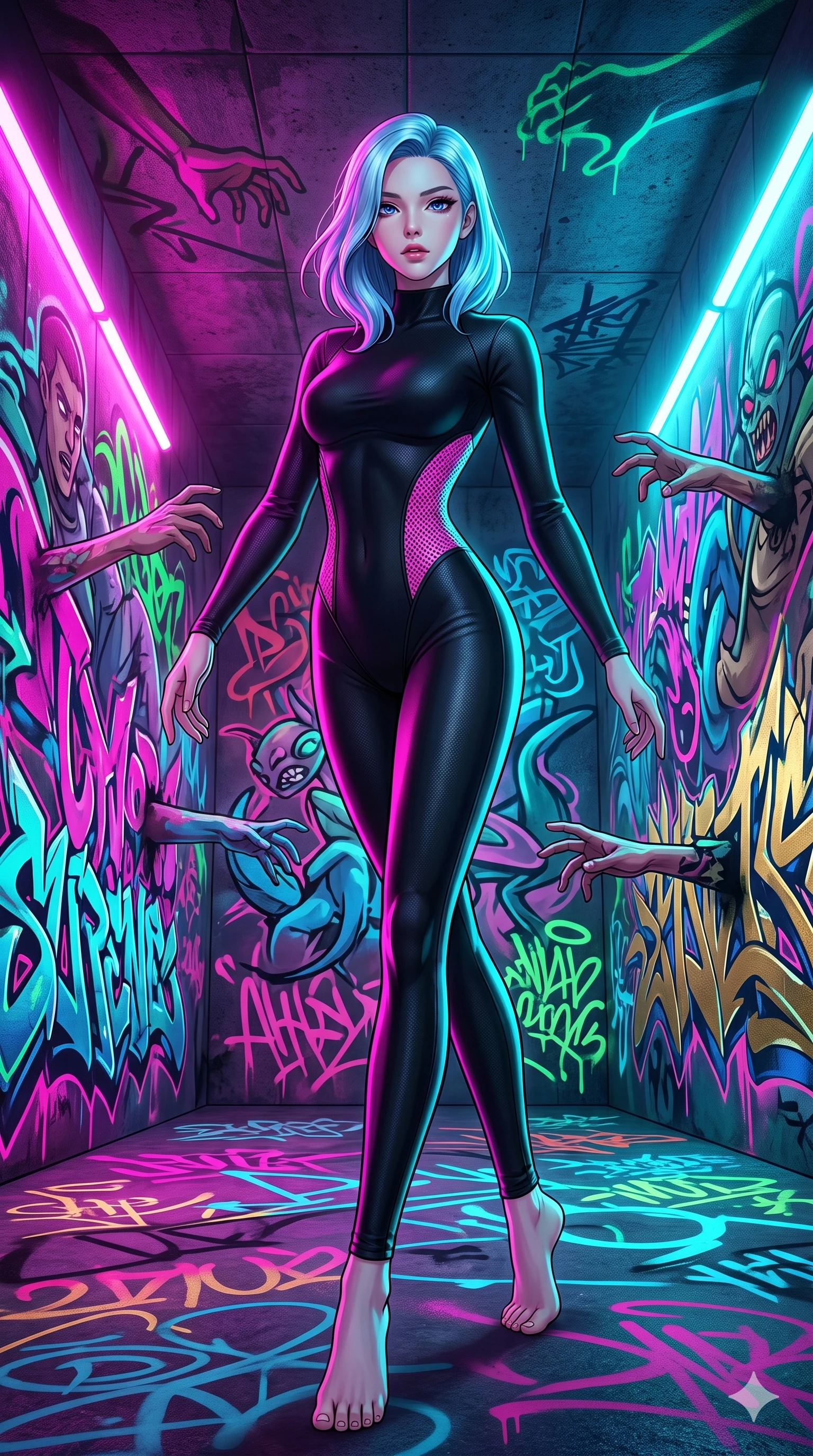score_9, masterpiece, best quality, ultra-detailed, high-budget anime keyframe, editorial fashion photography, tasteful artistic composition, Korean woman. low angle full-body shot from head to toe showing her feet, filling the entire 9:16 vertical frame with her statuesque presence, stretching her vertical silhouette. dancing with weightless grace through a vast underground chamber where spray-paint graffiti murals covering every surface glow with neon light and the painted characters animate and move within their murals reaching across walls. She has a statuesque 8.5-heads proportion, an exceptionally tall, slender and willowy model-like build with impossibly long legs and a highly sculpted ultra-slim waist. sharp v-shaped jawline, high-bridge nose, intricate jewel-like eyes with depth, thick eyelashes, glossy lips with a natural sheen. wearing a form-fitting catsuit in black, with strategic neon pink side mesh panels revealing her slender waist silhouette. dual-tone lighting with hot magenta from the left and cool cyan from the right. 2k, ultra detail, master piece, 9:16 ratio