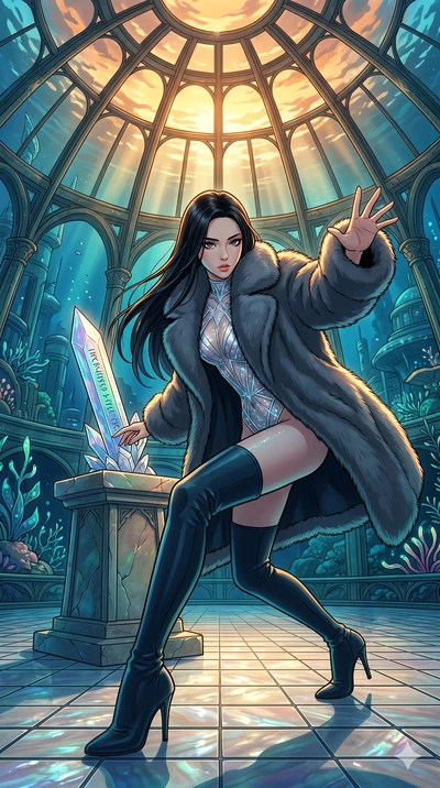 score_9, masterpiece, best quality, ultra-detailed, high-budget anime movie keyframe, cinematic anime lighting, intricate line art, Korean woman. Low angle cowboy shot filling the entire 9:16 frame with her statuesque presence. defending a sacred rel