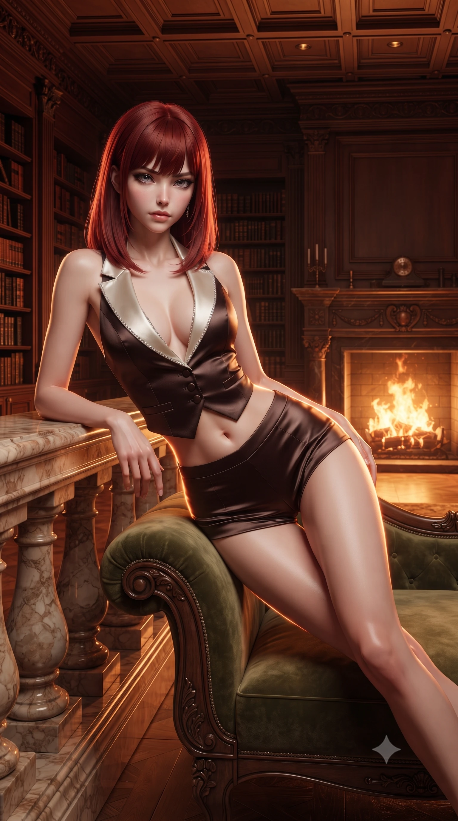 score_9, masterpiece, best quality, ultra-detailed, high-budget anime keyframe, editorial fashion photography, tasteful artistic composition, Caucasian woman. close-up cowboy shot from the waist and thighs up, the character dominates the composition, filling the frame with her large presence. resting one elbow on the marble balustrade while arching her spine with dancer poise, her dark bedroom-eyes casting a magnetic sidelong glance while reclining languidly across a green velvet chaise lounge with one knee drawn up, the warm hearth glow tracing her feminine hips and flat midriff. The surrounding environment is rendered in vivid detail and crisp panoramic clarity. detailed knit or velvet outfit texture, golden firelight sheen on skin, and stately library architecture in high clarity. She has an exceptionally elegant, slender, and willowy female figure with an ultra-slim waist, flat toned midriff, narrow ribcage, and sculpted feminine hips creating an alluring, slim hourglass silhouette without bulk. sharp v-shaped jawline, high-bridge nose, intricate jewel-like dark sparkling eyes with dangerous depth, thick curled eyelashes, glossy parted lips with a rich wine sheen, smoldering seductive half-smile with bedroom-eyes, exuding effortless superiority and intoxicating dark allure, flawlessly proportioned anatomical accuracy, strict slender model proportions, natural body alignment, perfectly sculpted long slender limbs, ultra-slim waistline, clean dynamic posture without body distortion. wearing a tailored satin tuxedo vest worn closed against bare skin with high-cut tailored satin hot-pants in dark espresso brown and pearlescent ivory, tailored from fine lightweight midnight wool crepe with crisp architectural structure, finished with subtle crystal rhinestones lining the plunging neckline, the precision-cut side openings and low-back scoop framing her graceful spine and the sensual sweep of her slim, toned hips. bathed in dynamic dancing orange and amber firelight from the roaring hearth. ultra-reflective glossy finish, specular highlights, rich textural contrasts, high-contrast stereoscopic depth, volumetric dynamic lighting, 2k, ultra detail, master piece, 9:16 ratio