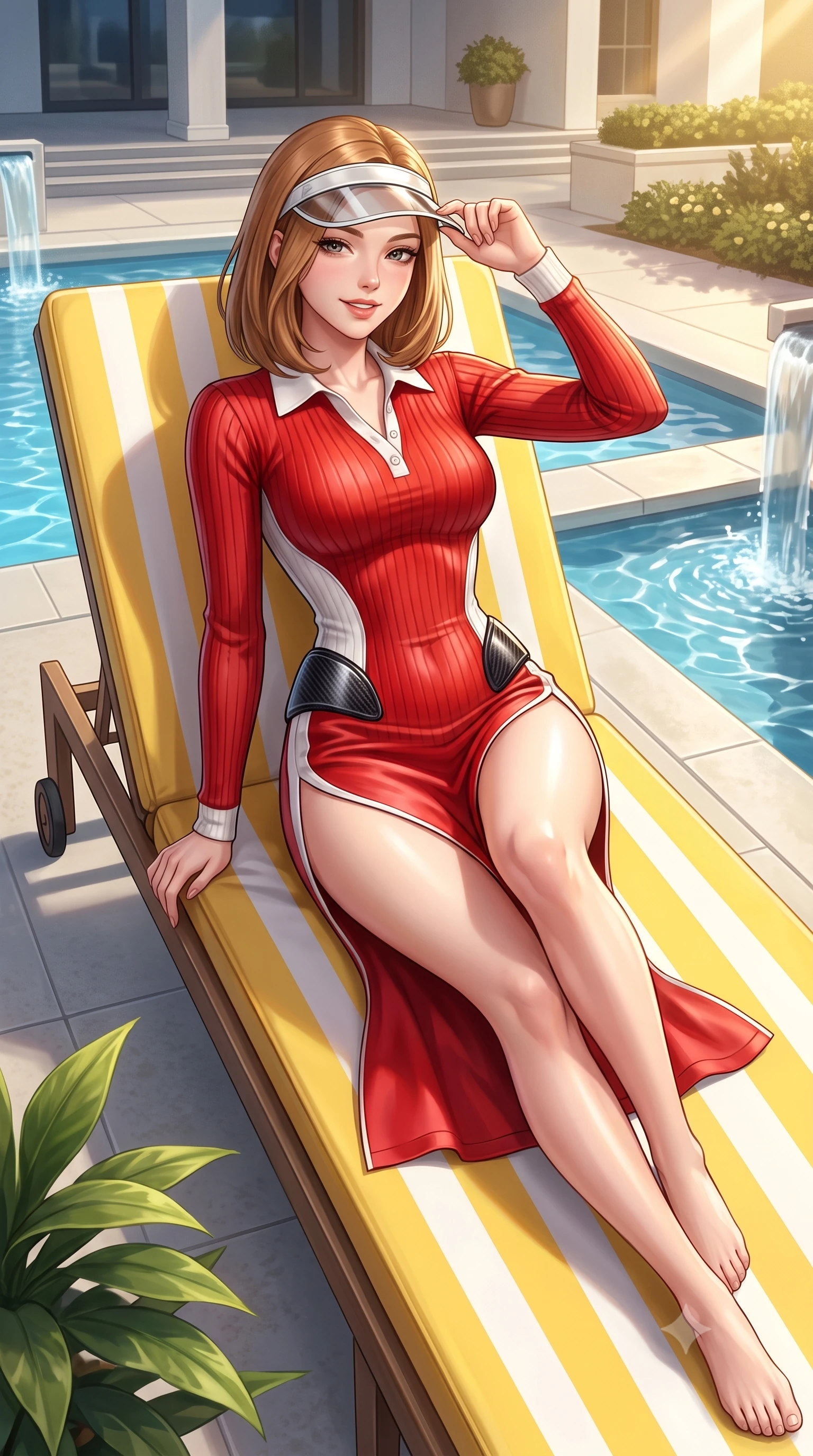 score_9, masterpiece, best quality, ultra-detailed, high-budget anime keyframe, semi-realistic 3D game render, editorial fashion photography, tasteful artistic composition, Korean woman. close-up cowboy shot from the waist and thighs up, the character dominates the composition, filling the frame with her large presence. tilting her head with a cute beaming smile while arching her spine with athletic poise, one hand adjusting her racing visor in a flirtatious S-curve while lounging across a yellow-and-white striped sun lounger with legs extended, her sporty old-money tennis outfit radiant in the sun. The surrounding environment is rendered in vivid detail and crisp panoramic clarity: detailed piqué polo texture, golden California sun on skin, and legendary country club architecture in razor-sharp precision. She has an exceptionally elegant, slender, and willowy female figure with an ultra-slim waist, flat toned midriff, narrow ribcage, and sculpted feminine hips creating an alluring, slim hourglass silhouette without bulk. sharp v-shaped jawline, high-bridge nose, sparkling eyes with athletic focus and depth, thick curled eyelashes, glossy parted lips with a natural coral-peach sheen, bright confident and coquettish smile with alluring bedroom-eyes, exuding both youthful sporty vigor and sovereign high-society glamour, flawlessly proportioned anatomical accuracy, strict slender model proportions, natural body alignment, perfectly sculpted long slender limbs, ultra-slim waistline, clean dynamic posture without body distortion. wearing a retro-chic ribbed polo sweater dress with a high side thigh slit and form-fitting silhouette in Scuderia racing red and pure alabaster white, crafted from supple buttery lambskin racing leather with a satin sheen, accented with sleek aerodynamic carbon-fiber hip pads framing her narrow waist, the form-contouring athletic cut accentuating her sculpted flat midriff, narrow delicate ribcage, and gracefully curvy hips with supermodel precision. illuminated by water caustic bounce and sharp platinum rim lights defining her sculpted collarbones, ultra-slim waist, and curvy hips. highly saturated vibrant anime colors, detailed shading with soft gradients, rich glossy textures, high-contrast stereoscopic depth, volumetric dynamic lighting, master piece, 9:16 ratio