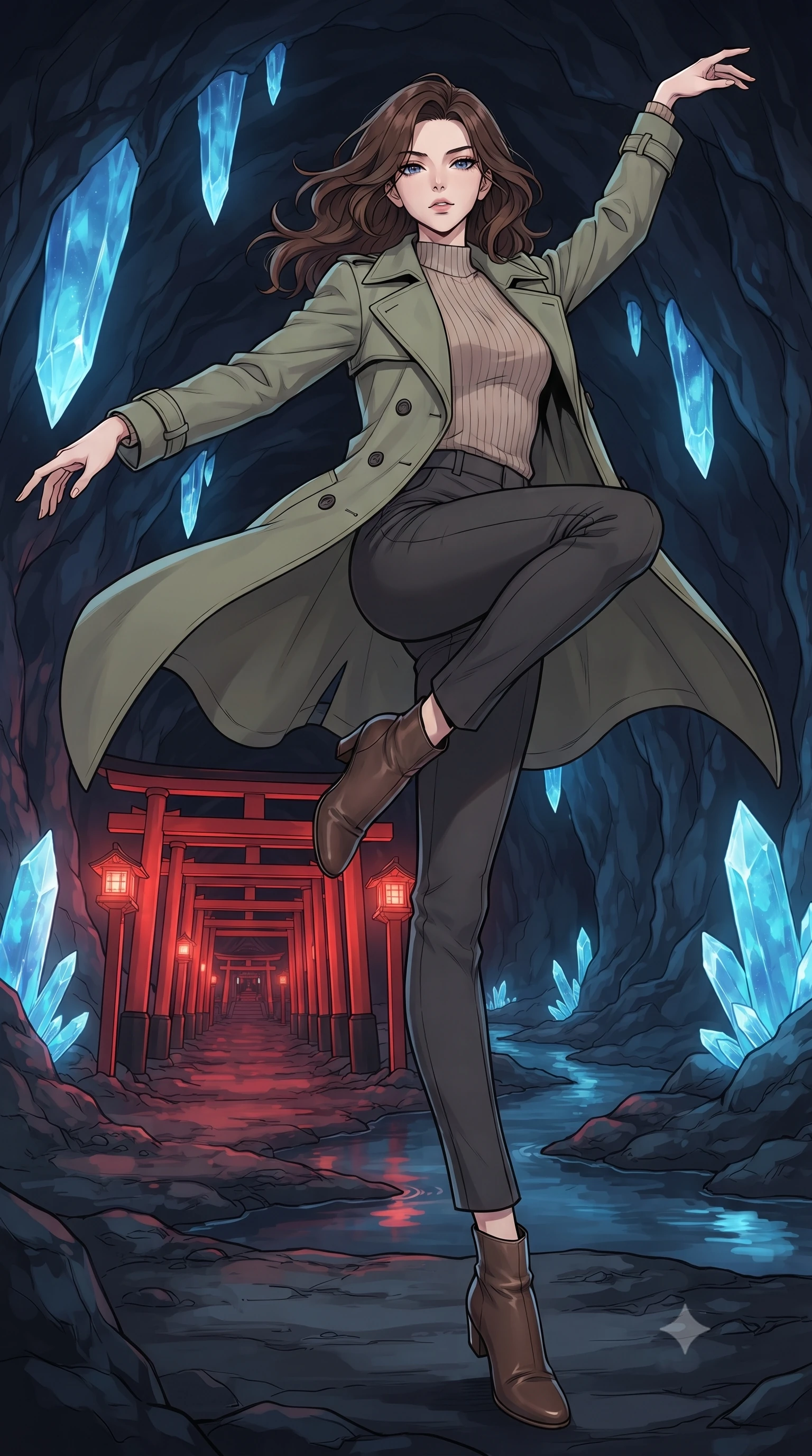 score_9, masterpiece, best quality, ultra-detailed, high-budget anime keyframe, gorgeous anime illustration, with clean line-art and distinct ink outlines, Korean woman. low angle full-body shot from head to toe showing her feet, filling the entire 9:16 vertical frame with her statuesque presence, stretching her vertical silhouette. dancing with weightless grace through inside a dark cavern where a path of red torii gates leads to a shrine, surrounded by massive glowing blue crystal stalactites and a shallow river reflecting the lights. She has a statuesque 8.5-heads proportion, an exceptionally tall, slender and willowy model-like build with impossibly long legs and a highly sculpted ultra-slim waist. sharp v-shaped jawline, high-bridge nose, intricate jewel-like eyes with depth, thick eyelashes, glossy lips with a natural sheen. wearing a structured double-breasted trench in soft olive green over a beige ribbed knit mock-neck top. warm red light from hanging lanterns on the torii gates colliding with cool blue glow from the crystal stalactites. 2k, ultra detail, master piece, 9:16 ratio, vibrant anime color palette, detailed cel-shading with soft gradients, rich contrast, dynamic lighting, 2d animation style