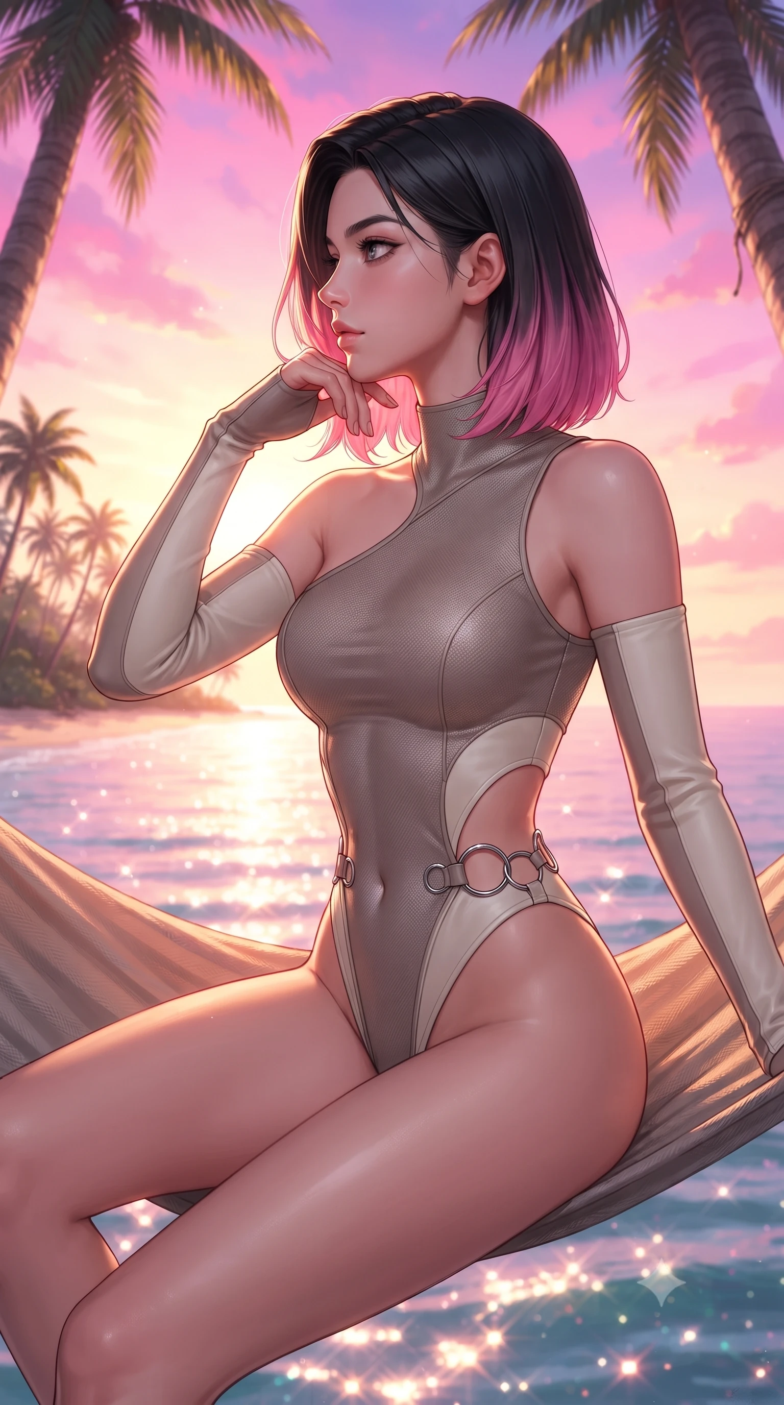 score_9, masterpiece, best quality, ultra-detailed, high-budget anime keyframe, editorial fashion photography, tasteful artistic composition, Korean woman. close-up cowboy shot from the waist and thighs up, the character dominates the composition, filling the frame with her large presence, background elements kept in soft focus. Turning her face in sharp dramatic profile against the bright light, showcasing her sharp v-shaped jawline resting on a sea-facing hammock suspended between two coconut trees at sunset, dazzling tropical sunlight creating glittering water refractions. She has an exceptionally elegant, slender, and willowy female figure with an ultra-slim waist, a gracefully sculpted slender torso, and a refined silhouette. sharp v-shaped jawline, high-bridge nose, intricate jewel-like eyes with depth, thick eyelashes, glossy lips with a natural sheen. wearing an asymmetrical high-cut tech-bodysuit with detached sleeves in muted taupe and soft ivory, made of fine carbon-fiber weave and soft matte leather, accented with delicate chrome ring hardware framing her waist, the sleek second-skin texture accentuating her magnetic presence. illuminated by a brilliant sunset sky painting the clouds in magenta and orange. highly saturated vibrant anime colors, detailed shading with soft gradients, rich glossy textures, high-contrast stereoscopic depth, volumetric dynamic lighting, master piece, 9:16 ratio