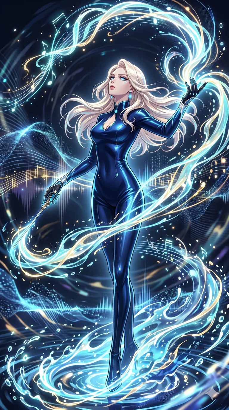 score_9, masterpiece, best quality, ultra-detailed, High-budget Anime Keyframe, vibrant colors, fluid line-art, expressive lighting, cinematic composition, Ufotable-style visual effects, top-tier animation quality, Caucasian woman with pale skin and refined features. Low angle cowboy shot filling the entire 9:16 frame with her statuesque presence, looking up to emphasize her height. Orchestrating a symphony of liquid light that flows from her fingertips like ink in water. She has an absolutely perfect 8-heads proportion, an exceptionally tall and slender female figure with impossibly long slender legs and an ultra-slim waist, her statuesque height and towering silhouette dominating the vertical 9:16 frame. Her face is a masterpiece featuring a sharp v-shaped jawline, high-bridge nose, intricate jewel-like eyes with depth, thick eyelashes, and glossy lips with a natural sheen. She is wearing a Sleek liquid-silk jumpsuit that clings to her frame, with a high collar and a small strategic teardrop cutout. The scene is set in an abstract digital ocean where the water is made of flowing ink and sound waves. 2k, ultra detail, master piece, 9:16 ratio