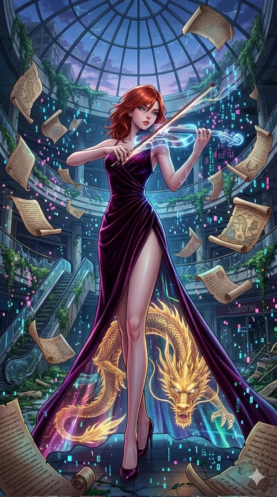 score_9, masterpiece, best quality, ultra-detailed, Set A: High-budget Anime Keyframe, Caucasian (human ears) woman. Low angle cowboy shot filling the entire 9:16 frame with her statuesque presence. Theme: Historical Remix. playing a holographic viol