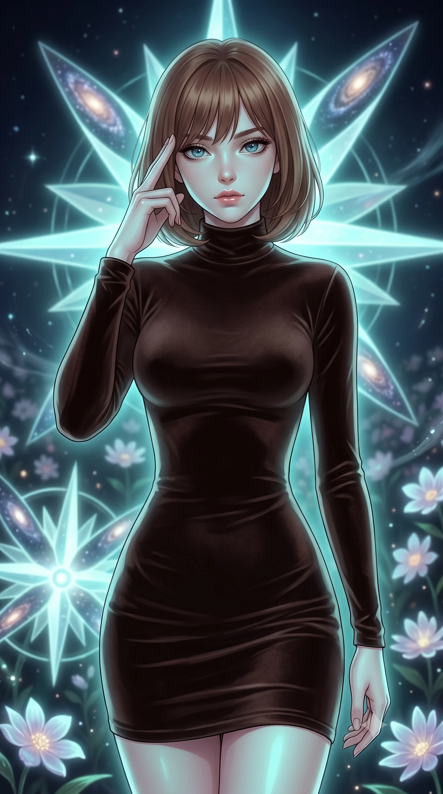 score_9, masterpiece, best quality, ultra-detailed, high-budget anime keyframe, editorial fashion photography, tasteful artistic composition, Caucasian woman, strictly human ears. close-up cowboy shot from the waist and thighs up, the character dominates the composition, filling the frame with her large presence, background elements kept in soft focus. Pressing two fingers to her temple in a composed thoughtful gesture. set against a soft-focus background of a cosmic garden where luminous flowers are arranged in enormous compass rose patterns each petal-arm pointing toward a different visible galaxy with stellar winds gently swaying the astral blooms. She has an exceptionally elegant and slender, willowy female figure with an ultra-slim waist, a gracefully sculpted slender torso, and a refined slim physique. sharp v-shaped jawline, high-bridge nose, intricate jewel-like eyes with depth, thick eyelashes, glossy lips with a natural sheen. wearing a sleek long-sleeve bodycon dress in a dark espresso brown velvet, featuring an elegant high collar. soft aqua bioluminescent light making her skin luminously glow against darkness. 2k, ultra detail, master piece, 9:16 ratio