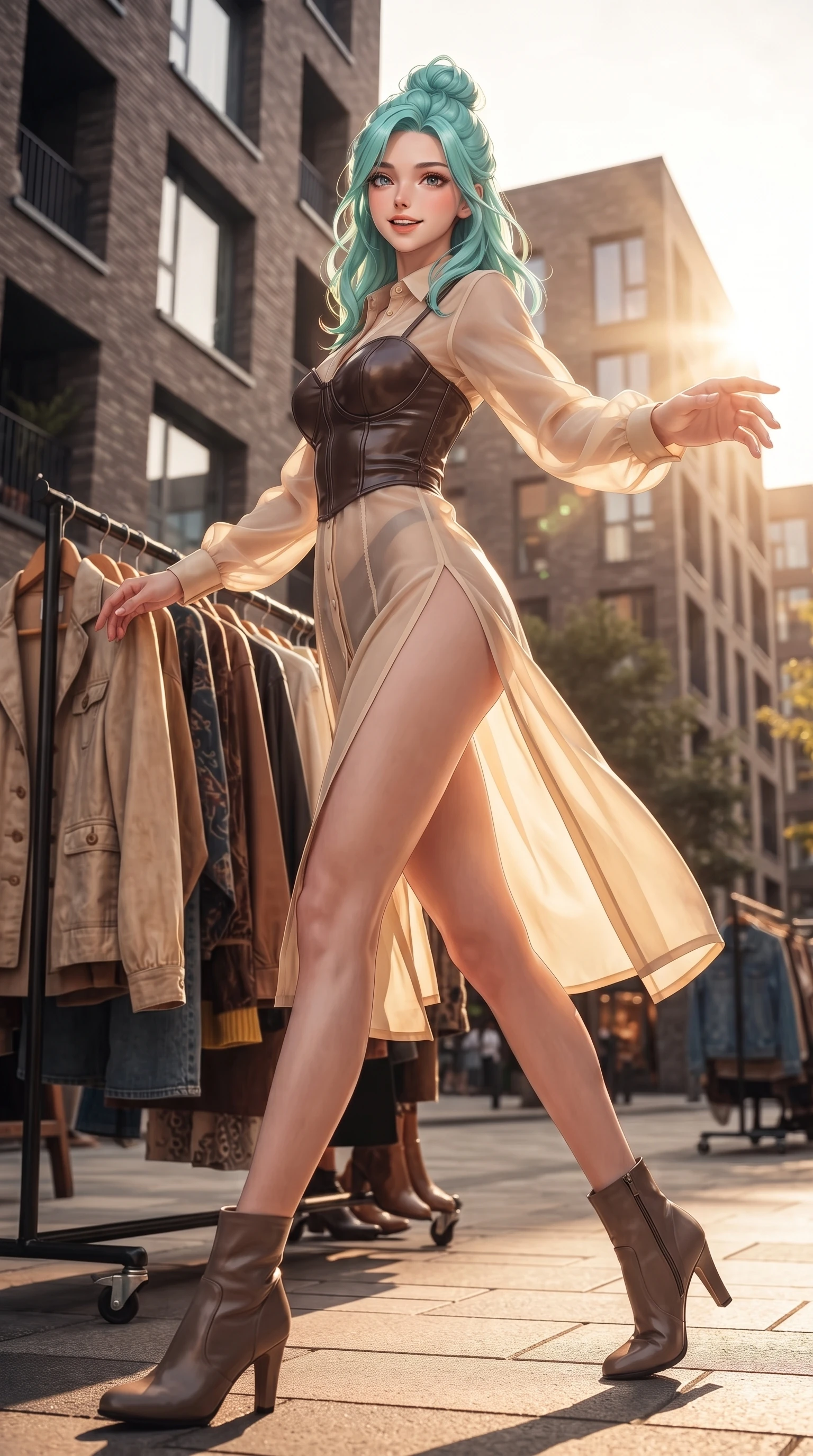 score_9, masterpiece, best quality, ultra-detailed, high-budget anime keyframe, editorial fashion photography, tasteful artistic composition, Japanese woman. low angle full-body shot from head to toe showing her feet, filling the entire 9:16 vertical frame with her statuesque presence, stretching her vertical silhouette. pivoting dynamically in mid-motion with a delighted cute expression, displaying her perfect model proportions while reaching one arm out playfully toward the camera while browsing a outdoor vintage clothing rack, warm golden hour sunbursts filtering between modern brick buildings. She has an absolutely perfect, statuesque 8.5-heads proportion, an exceptionally tall and slender model-like female figure with impossibly long slender legs and an ultra-slim waist. sharp v-shaped jawline, high-bridge nose, intricate jewel-like eyes with depth, thick eyelashes, glossy lips with a natural sheen, flawlessly proportioned anatomical accuracy, natural body alignment, perfectly sculpted elegant limbs, clean dynamic posture without body distortion. wearing a tailored leather bustier over a sheer silk chiffon blouse in espresso brown and warm cream, formed from sleek second-skin neoprene, finished with a sleek side slit ascending to mid-thigh, the tailored fabric tightly following every curve of her athletic build. surrounded by a lively, trendy street aura with rich specular highlights. ultra-reflective glossy finish, specular highlights, metallic sheen, high-contrast stereoscopic depth, volumetric dynamic lighting, 2k, ultra detail, master piece, 9:16 ratio