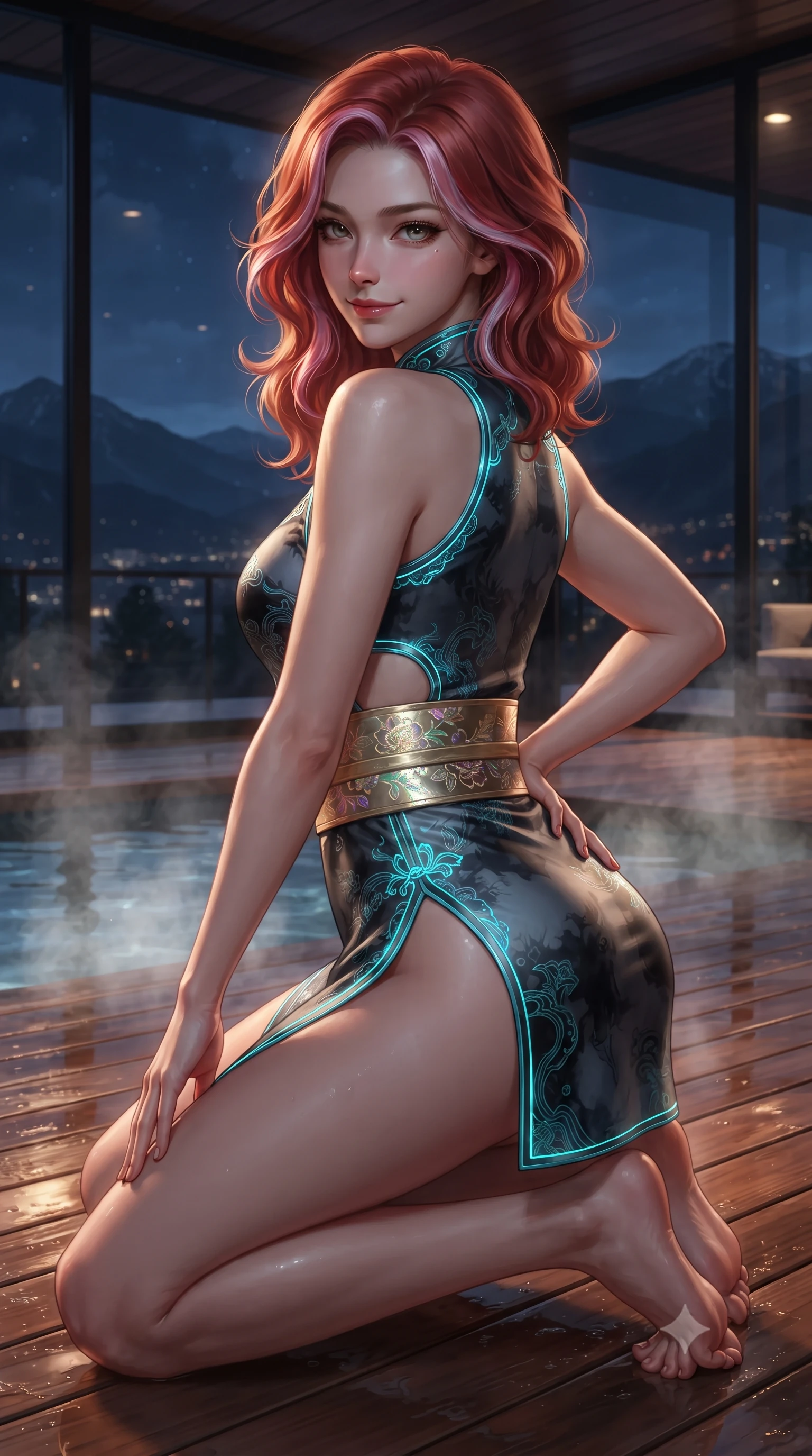 score_9, masterpiece, best quality, ultra-detailed, high-budget anime keyframe, editorial fashion photography, tasteful artistic composition, Caucasian woman. close-up cowboy shot from the waist and thighs up, the character dominates the composition, filling the frame with her large presence. turning over a bare shoulder with an intoxicating, teasing smile, her soft hair framing her sharp jawline as her hips angle gracefully while kneeling gracefully on the warm wet cedar deck, one hand resting on her bare hip as thermal steam caresses her feminine curves. The surrounding environment is rendered in vivid detail and crisp panoramic clarity. atmospheric nocturnal thermal chiaroscuro and private mountain-view skylounge luxury in precision. She has an exceptionally elegant, slender, and willowy female figure with an ultra-slim waist, a gracefully sculpted slender torso, toned flat midriff, and rounded feminine hips creating an alluring hourglass silhouette. sharp v-shaped jawline, high-bridge nose, intricate jewel-like eyes with depth, thick eyelashes, glossy parted lips with a natural sheen, intensely captivating and seductive bedroom-eyes expression, flawlessly proportioned anatomical accuracy, strict slender model proportions, natural body alignment, perfectly sculpted long slender limbs, ultra-slim waistline, clean dynamic posture without body distortion. wearing a futuristic embroidered qipao mini dress with glowing fiber-optic seams and side cutouts in dark ink-wash black and radiant moonlight cyan, made of liquid bamboo jersey adhering seamlessly to her slender frame, complemented by a wide metallic gold obi sash with holographic floral embroidery, the second-skin form-contouring cut accentuating her sculpted flat midriff, narrow waistline, and dramatically curvy hips without adding bulk. surrounded by an intimate, tranquil, and deeply sensual Japanese skylounge muse aura. ultra-reflective glossy finish, specular highlights, rich textural contrasts, high-contrast stereoscopic depth, volumetric dynamic lighting, 2k, ultra detail, master piece, 9:16 ratio