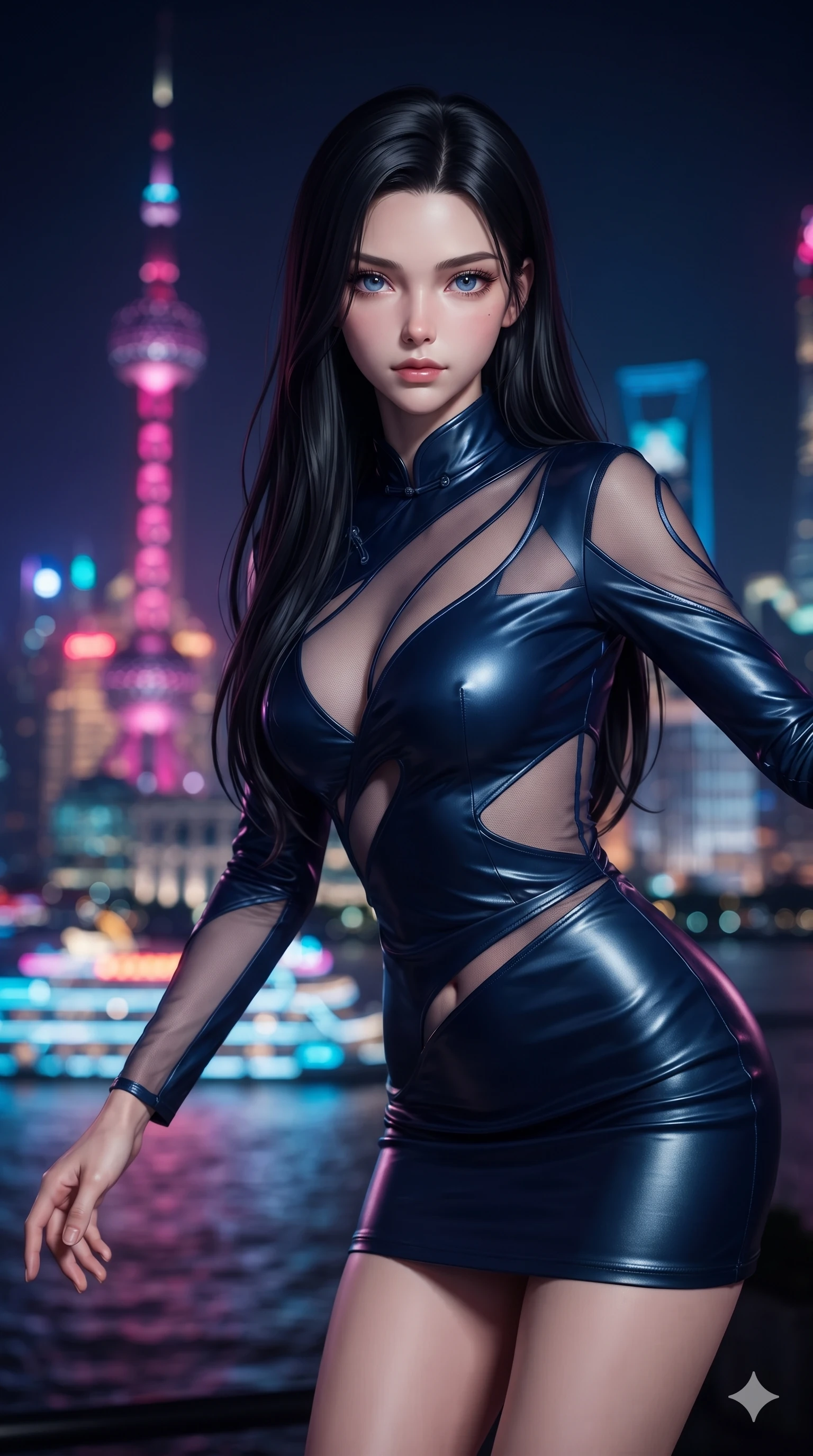 score_9, masterpiece, best quality, ultra-detailed, high-budget anime keyframe, editorial fashion photography, tasteful artistic composition, Korean woman. close-up cowboy shot from the waist and thighs up, the character dominates the composition, filling the frame with her large presence. leaning forward while arching her lower back to accentuate her curvy hips, looking into the camera with an intoxicating smoldering gaze and bedroom-eyes while arching her spine backward with effortless dancer poise, one hand sliding along her hip line as vibrant Pudong neon neon washes across her silhouette. The background shows a soft-focus blazing neon spires of the Oriental Pearl Tower, illuminated Huangpu river cruise ships, and geometric Art Deco railings blurred into magenta, electric cyan, and deep obsidian bokeh. She has an exceptionally elegant, slender, and willowy female figure with an ultra-slim waist, flat toned midriff, narrow ribcage, and sculpted feminine hips creating an alluring, slim hourglass silhouette without bulk. sharp v-shaped jawline, high-bridge nose, intricate jewel-like sparkling eyes with depth, thick eyelashes, glossy parted lips with a natural sheen, intensely captivating and seductive bedroom-eyes expression, exuding both youthful cute charm and sovereign luxury allure, flawlessly proportioned anatomical accuracy, strict slender model proportions, natural body alignment, perfectly sculpted long slender limbs, ultra-slim waistline, clean dynamic posture without body distortion. wearing a wet-look silk fusion wrap dress with asymmetrical sheer mesh cutouts and high Mandarin collar in midnight sapphire blue and liquid platinum, crafted from luxurious metallic lamé that shifts radiance with every step, finished with a minimalist chrome choker and a single teardrop diamond pendant, the form-contouring cut accentuating her sculpted flat midriff, narrow delicate ribcage, and gracefully curvy hips with intoxicating allure. bathed in vibrant magenta and electric cyan river skyline reflections contrasting with warm amber interior downlights. ultra-reflective glossy finish, specular highlights, rich textural contrasts, high-contrast stereoscopic depth, volumetric dynamic lighting, 2k, ultra detail, master piece, 9:16 ratio
