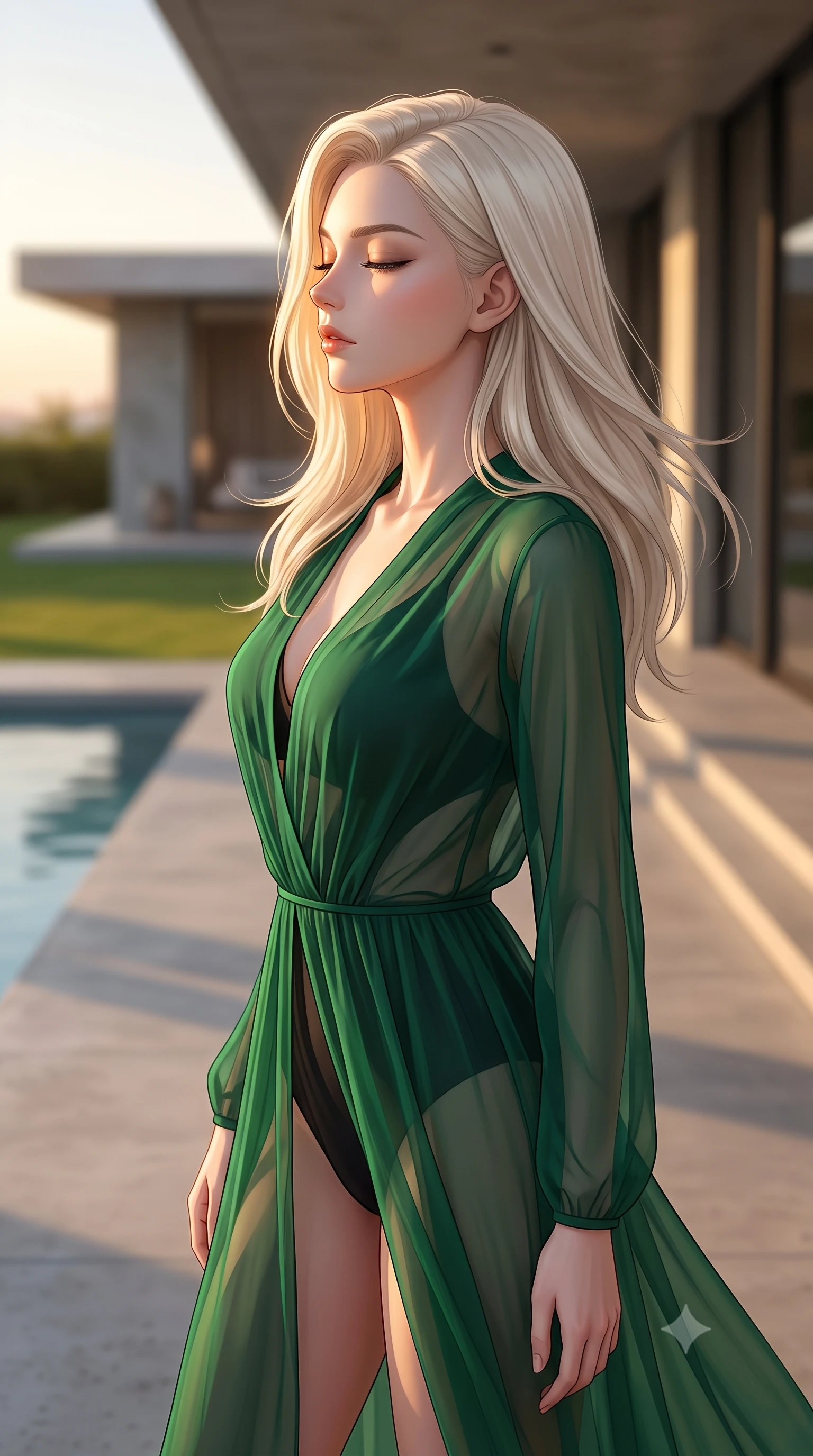 score_9, masterpiece, best quality, ultra-detailed, high-budget anime keyframe, editorial fashion photography, tasteful artistic composition, Caucasian woman woman. close-up cowboy shot from the waist and thighs up, the character dominates the composition, filling the frame with her large presence, background elements kept in soft focus. turning her face in profile to catch the warm sunlight on her cheek, eyes softly closed the background shows a soft-focus a concrete deck of a minimalist luxury villa, with a private pool and green lawn. She has an exceptionally elegant, slender, and willowy female figure with an ultra-slim waist, a gracefully sculpted slender torso, and a refined silhouette. sharp v-shaped jawline, high-bridge nose, intricate jewel-like eyes with depth, thick eyelashes, glossy lips with a natural sheen. wearing a tailored sheer chiffon cover-up dress in emerald green, worn over a black swimsuit. warm sunset light casting long clean shadow lines from the villa's architecture. 2k, ultra detail, master piece, 9:16 ratio