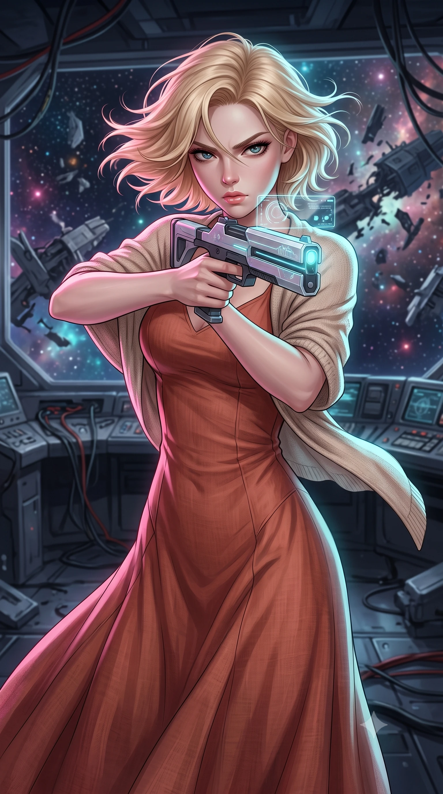 score_9, masterpiece, best quality, ultra-detailed, high-budget anime keyframe, editorial fashion photography, tasteful artistic composition, Caucasian woman, strictly human ears. close-up cowboy shot from the waist and thighs up, the character dominates the composition, filling the frame with her large presence, background elements kept in soft focus. Aiming a sleek holographic railgun with intense focused gaze and wind-blown hair. set against a soft-focus background of the bridge of a destroyed capital ship floating in space, control panels smashed and viewscreen showing a battlefield of ship debris. She has an exceptionally elegant and slender, willowy female figure with an ultra-slim waist, a gracefully sculpted slender torso, and a refined slim physique. sharp v-shaped jawline, high-bridge nose, intricate jewel-like eyes with depth, thick eyelashes, glossy lips with a natural sheen. wearing tailored for maximum mobility, sleek form-contouring panels that allow fluid movement, a form-contouring flowing terracotta-colored linen maxi dress with a relaxed fit, layered with a light beige knitted shawl. highly saturated vibrant anime colors, intense vivid color palette, soft 3D volumetric shading, volumetric dynamic lighting, starlight and nebula glow casting soft cosmic pink and cyan highlights on her form. 2k, ultra detail, master piece, 9:16 ratio