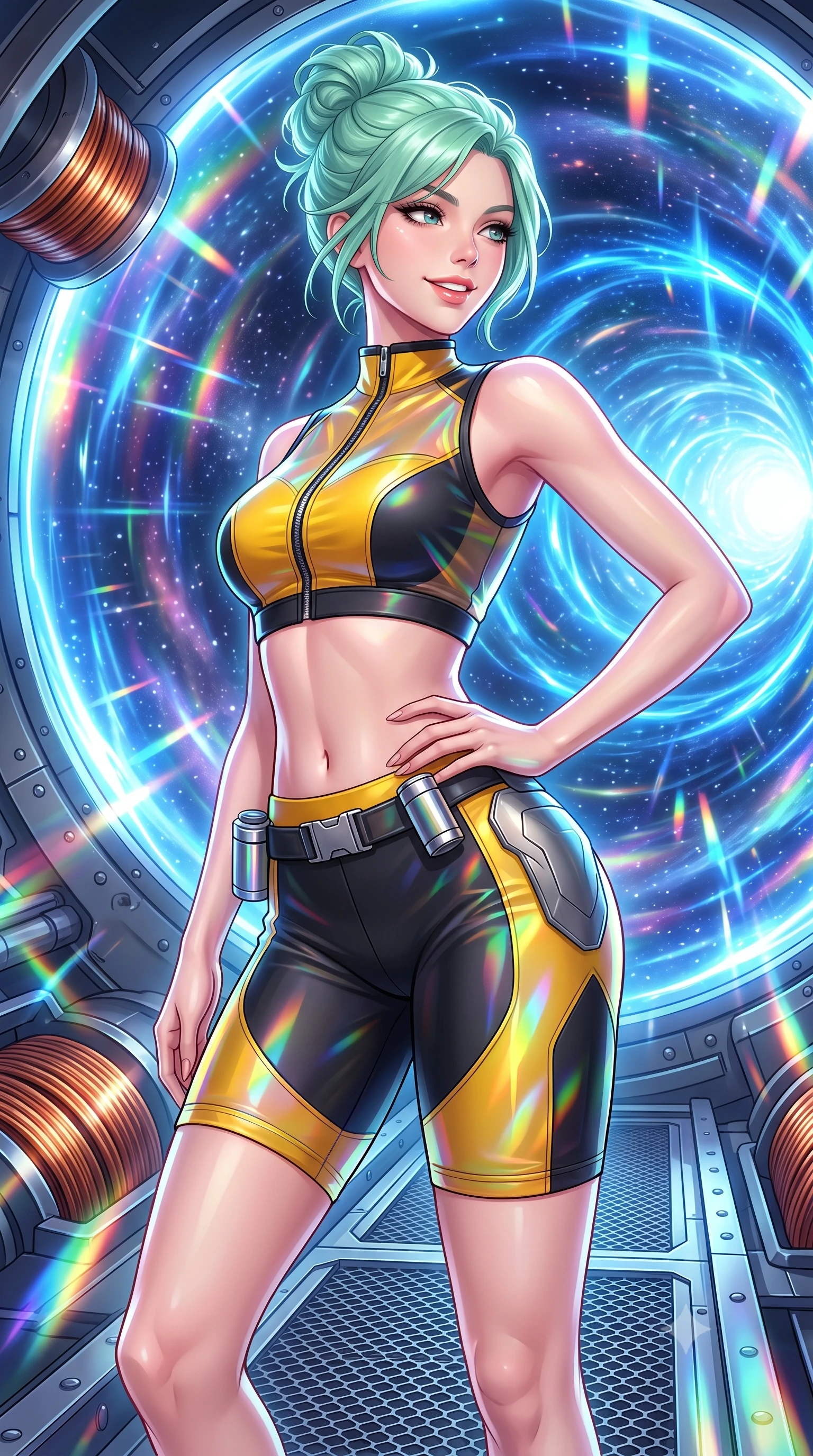 score_9, masterpiece, best quality, ultra-detailed, high-budget anime keyframe, semi-realistic 3D game render, editorial fashion photography, tasteful artistic composition, Japanese woman. close-up cowboy shot from the waist and thighs up, the character dominates the composition, filling the frame with her large presence. twisting her slender torso in an alluring contrapposto stance, one hand resting on her sculpted hip armor while glancing back with effortless sovereign poise while standing poised on the open launch platform facing the swirling cosmic hyperspace vortex, arching her spine with sovereign supermodel poise. The surrounding environment is rendered in vivid detail and crisp panoramic clarity: sharp magnetic coil copper windings, launch platform structural rivets, and energy field distortion clarity in deep focus. She has an exceptionally elegant, slender, and willowy female figure with an ultra-slim waist, flat toned midriff, narrow ribcage, and sculpted feminine hips creating an alluring, slim hourglass silhouette without bulk. sharp v-shaped jawline, high-bridge nose, intricate jewel-like sparkling eyes with depth, thick eyelashes, glossy parted lips with a natural sheen, bright confident smile with an enchanting and coquettish sensual glint, exuding both youthful magnetic charm and sovereign high-tech allure, flawlessly proportioned anatomical accuracy, strict slender model proportions, natural body alignment, perfectly sculpted long slender limbs, ultra-slim waistline, clean dynamic posture without body distortion. wearing a sleek two-piece combat athletic set with a zip-front mock-neck crop top and contouring biker shorts hugging her curvy hips in industrial hazard yellow and matte carbon black, woven from layered gossamer holographic organza casting chromatic prism reflections, accented with a sleek utility belt with polished magnetic canisters resting loosely on her curvy hips, the liquid-tight tailored fabric clinging flawlessly to her narrow waist and rounded feminine hips, emphasizing every millimeter of her sculpted slim hourglass curves without any bulky heaviness. bathed in radiant chromatic prism light and intense electric blue warp ring flashes. highly saturated vibrant anime colors, detailed shading with soft gradients, rich glossy textures, high-contrast stereoscopic depth, volumetric dynamic lighting, master piece, 9:16 ratio