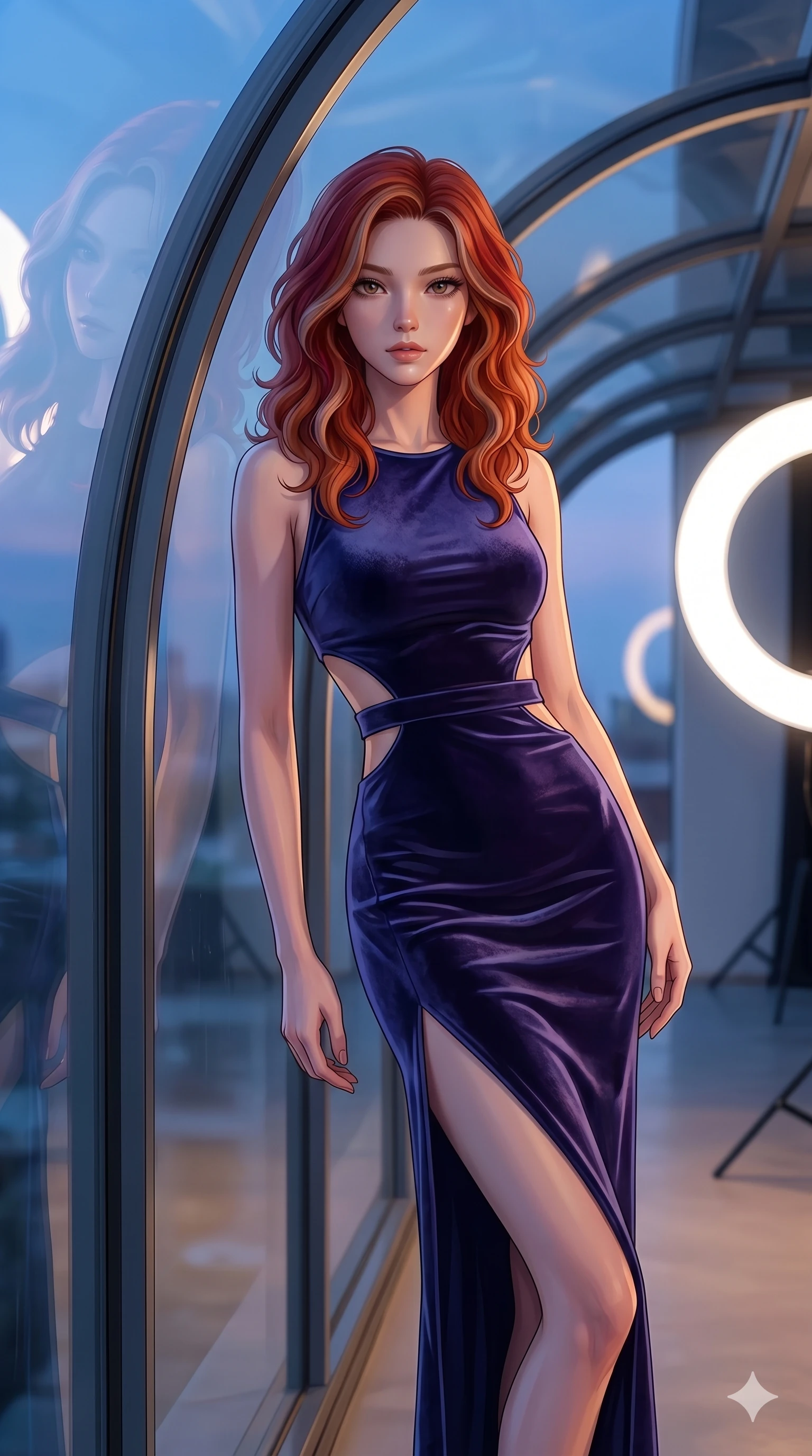 score_9, masterpiece, best quality, ultra-detailed, high-budget anime keyframe, editorial fashion photography, tasteful artistic composition, Caucasian woman, strictly human ears. cowboy shot from the thighs up, character and outfit filling the frame for maximum editorial presence. leaning against the glass tunnel wall, looking at the viewer inside a professional photo studio with a large white ring light (Code-P18-113). She has an absolutely perfect 8-heads proportion, an exceptionally tall and slender female figure with impossibly long slender legs and an ultra-slim waist. V-shaped jawline, high-bridge nose, intricate jewel-like eyes with depth, thick eyelashes, glossy lips with a natural sheen. wearing a velvet bodycon dress with side cutouts and a high slit. soft blue twilight glow mixed with warm window light, tracing her jawline and nose. 2k, ultra detail, master piece, 9:16 ratio