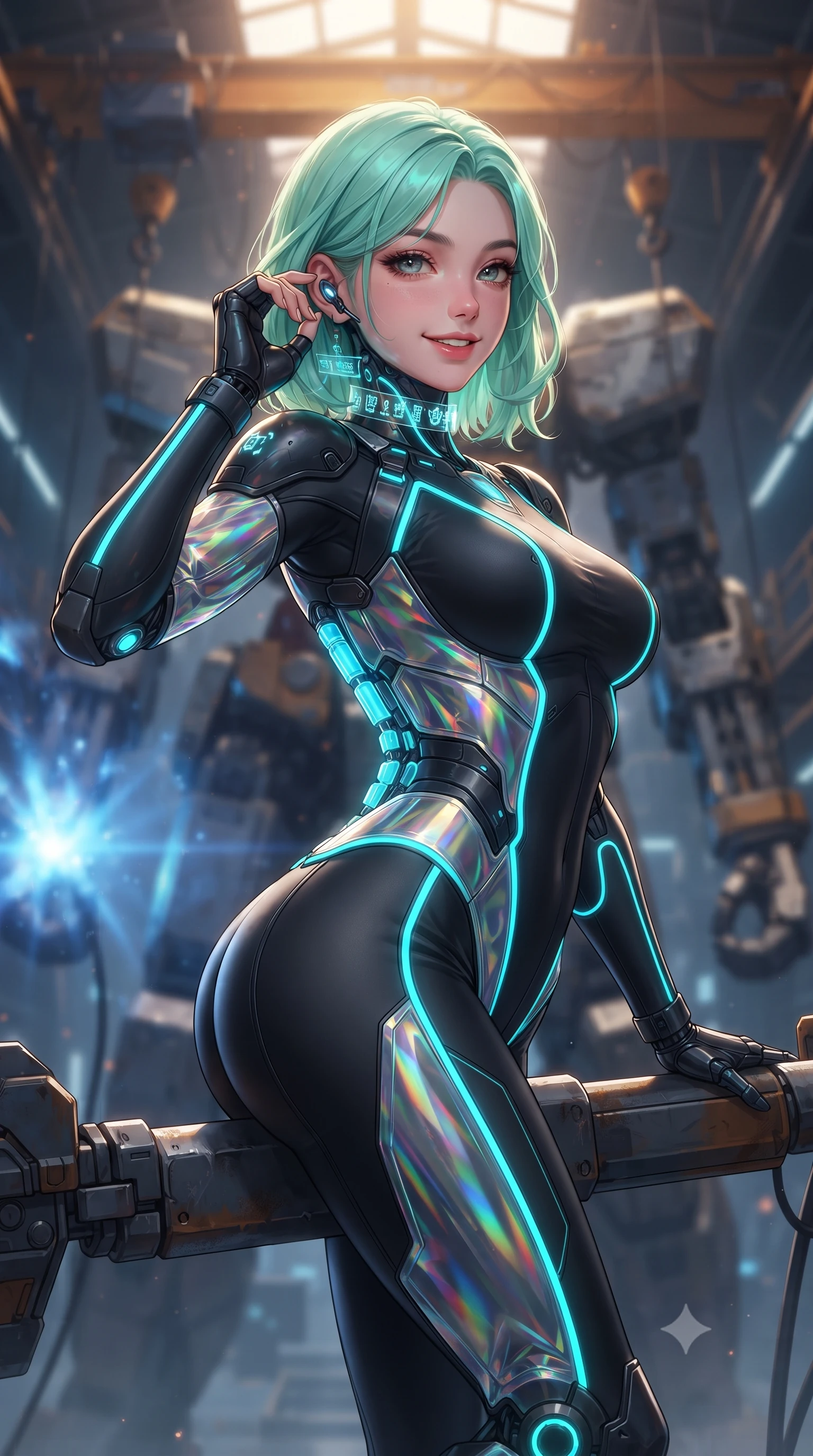 score_9, masterpiece, best quality, ultra-detailed, high-budget anime keyframe, editorial fashion photography, tasteful artistic composition, Japanese woman. close-up cowboy shot from the waist and thighs up, the character dominates the composition, filling the frame with her large presence. tilting her head with a captivating smile while arching her spine with dancer poise, one hand adjusting her ear comm-link in a flirtatious S-curve while perching on the arm of a colossal suspended humanoid mech frame, arching her lower back with a playful, confident smile and bedroom-eyes. The background shows a soft-focus the colossal 50-meter steel mech skeleton and soaring hangar crane trusses blurred into industrial gunmetal, amber, and welding blue bokeh. She has an exceptionally elegant, slender, and willowy female figure with an ultra-slim waist, flat toned midriff, narrow ribcage, and sculpted feminine hips creating an alluring, slim hourglass silhouette without bulk. sharp v-shaped jawline, high-bridge nose, intricate jewel-like sparkling eyes with depth, thick eyelashes, glossy parted lips with a natural sheen, bright confident smile with an enchanting and coquettish sensual glint, exuding both youthful magnetic charm and sovereign high-tech allure, flawlessly proportioned anatomical accuracy, strict slender model proportions, natural body alignment, perfectly sculpted long slender limbs, ultra-slim waistline, clean dynamic posture without body distortion. wearing a form-contouring exo-suit chassis with glowing cyan hydraulic spine braces worn over an ultra-slim bodysuit in matte obsidian black and glowing neon cyan trim, woven from layered gossamer holographic organza casting chromatic prism reflections, complemented by a high-tech holographic choker projecting miniature glyphs, the liquid-tight tailored fabric clinging flawlessly to her narrow waist and rounded feminine hips, emphasizing every millimeter of her sculpted slim hourglass curves without any bulky heaviness. bathed in high-intensity arc-welding blue light pulses contrasting with warm halogen overhead lamps. ultra-reflective glossy finish, specular highlights, rich textural contrasts, high-contrast stereoscopic depth, volumetric dynamic lighting, 2k, ultra detail, master piece, 9:16 ratio