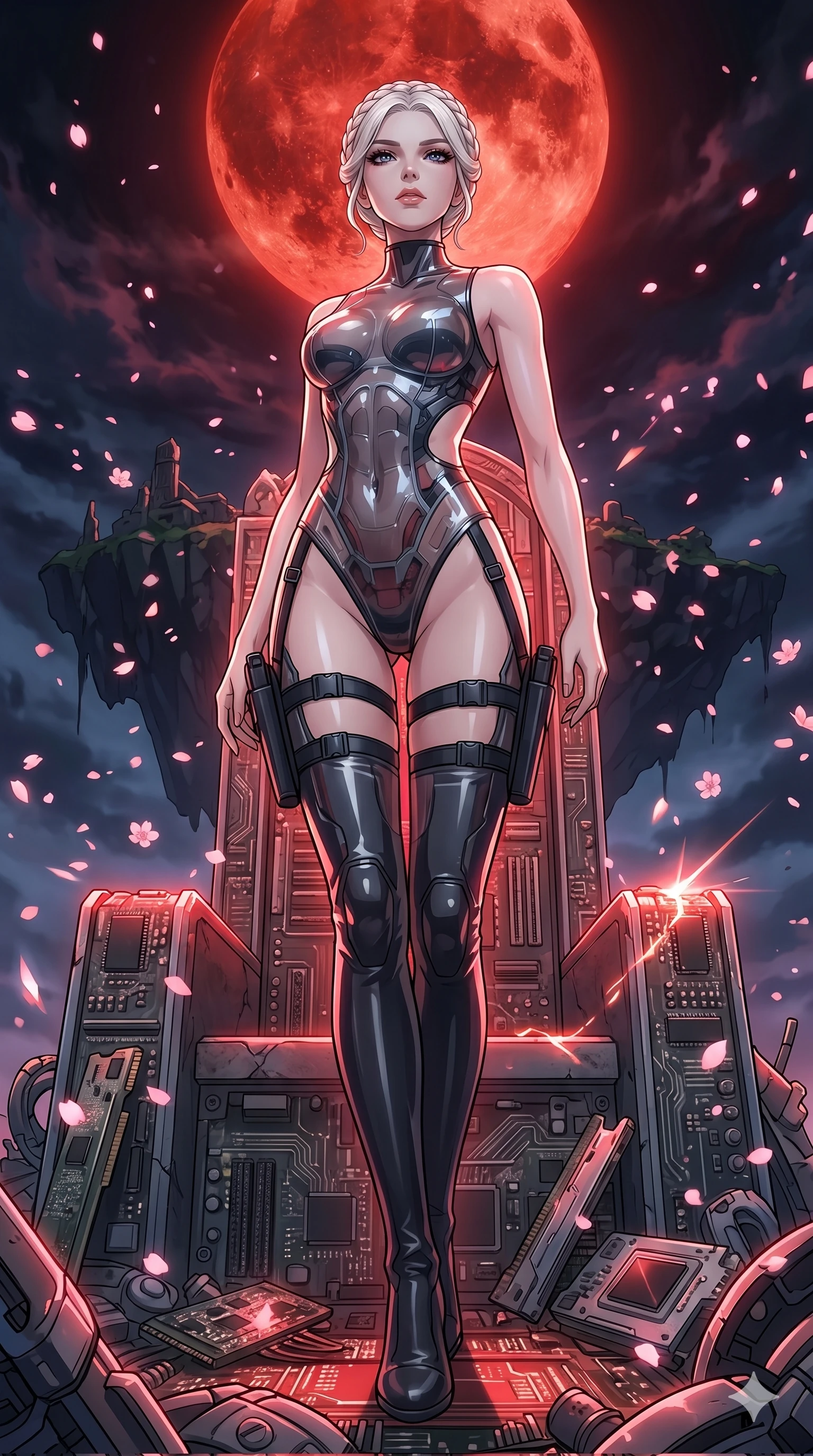 score_9, masterpiece, best quality, ultra-detailed, High-budget Anime Keyframe, vibrant colors, fluid line-art, expressive lighting, cinematic composition, Ufotable-style visual effects, top-tier animation quality, Caucasian woman with pale skin, blonde hair, and (strictly human ears). Low angle cowboy shot filling the entire 9:16 frame with her statuesque presence, looking up to emphasize her height. Standing victorious on a grand throne made of calcified logic-boards and discarded cybernetics under the ominous glow of a massive blood moon. She has an absolutely perfect 8-heads proportion, an exceptionally tall and slender female figure with impossibly long slender legs and an ultra-slim waist, her statuesque height and towering silhouette dominating the vertical 9:16 frame. Her face is a masterpiece featuring a sharp v-shaped jawline, high-bridge nose, intricate jewel-like eyes with depth, thick eyelashes, and glossy lips with a natural sheen. She is wearing a Sleek tactical leotard with thigh-high holsters, unzipped deeply to show her midriff crafted from Transparent PVC with a high-gloss finish that reveals the intricate layers beneath, featuring strategic side cut-outs that emphasize her ultra-slim waist and hips. The scene is set in an ancient floating island with pink cherry blossoms falling like snow against a blue sky, illuminated by dynamic strobe effects that capture her movement in a series of sharp fragments. 2k, ultra detail, master piece, 9:16 ratio