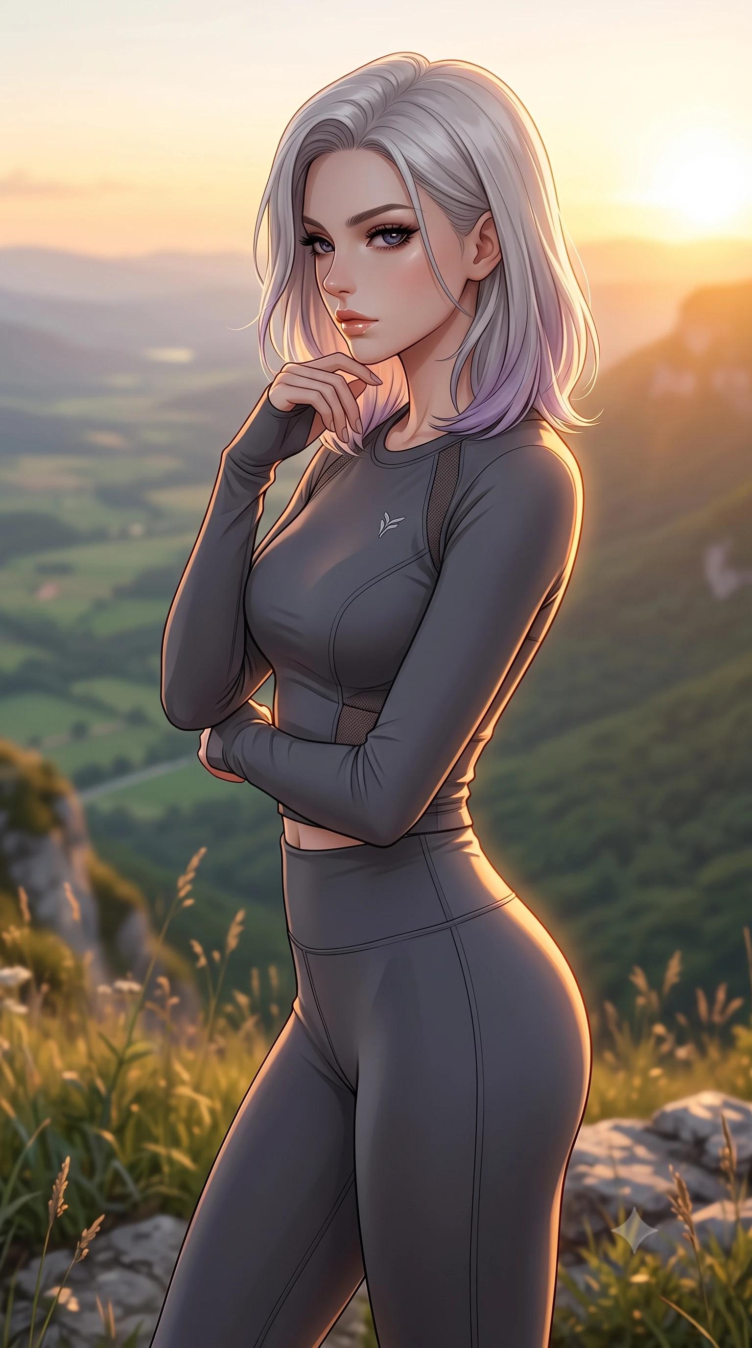 score_9, masterpiece, best quality, ultra-detailed, high-budget anime keyframe, editorial fashion photography, tasteful artistic composition, Caucasian woman woman. close-up cowboy shot from the waist and thighs up, the character dominates the composition, filling the frame with her large presence, background elements kept in soft focus. turning her face in sharp profile, casting a cold, mysterious, yet intensely sensual side gaze the background shows a soft-focus a grassy meadow on top of a mountain cliff overlooking a wide green valley. She has an exceptionally elegant, slender, and willowy female figure with an ultra-slim waist, a gracefully sculpted slender torso, and a refined silhouette. sharp v-shaped jawline, high-bridge nose, intricate jewel-like eyes with depth, thick eyelashes, glossy lips with a natural sheen. wearing a tailored form-fitting activewear top and leggings set in charcoal grey, tracing her athletic frame. warm golden sunset light casting a majestic rim light on her silhouette. 2k, ultra detail, master piece, 9:16 ratio