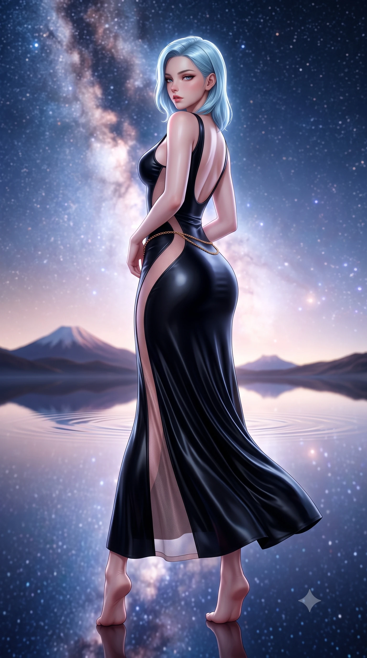 score_9, masterpiece, best quality, ultra-detailed, high-budget anime keyframe, semi-realistic 3D game render, editorial fashion photography, tasteful artistic composition, Korean woman. low angle full-body shot from head to toe showing her feet, filling the entire 9:16 vertical frame with her statuesque presence, stretching her vertical silhouette. posing with back turned slightly to the lens, glancing back with smoldering allure as she arches her lower back to emphasize her sculpted feminine hips and slender waist while turning in an alluring dancer S-curve as her gossamer dress catches the high-altitude Andean wind, creating an intoxicating silhouette between two skies. The composition keeps background elements in soft focus with creamy bokeh. distant Andean volcanic peaks and paper-thin water ripples softened in surreal shallow focus. She has an exceptionally tall and slender model-like 8.5-heads proportion, an ultra-slim waist, a flat toned midriff, narrow delicate ribcage, and beautifully sculpted feminine hips creating a graceful, slim hourglass silhouette without any bulky heaviness, with impossibly long slender legs. sharp v-shaped jawline, high-bridge nose, intricate jewel-like eyes with depth, thick eyelashes, glossy parted lips with a natural sheen, intensely captivating and seductive bedroom-eyes expression, flawlessly proportioned anatomical accuracy, strict slender model proportions, natural body alignment, perfectly sculpted long slender limbs, ultra-slim waistline, clean dynamic posture without body distortion. wearing a second-skin black silk jersey maxi dress with asymmetrical sheer mesh side panels tracing the full curve of her hip in dusky blush rose and champagne shimmer, tailored from second-skin aerodynamic stretch vinyl with specular wet sheen, accented with a delicate gold chain belt resting loosely on her curvy hips, the precision-cut side openings and low-back scoop framing her graceful spine and the sensual sweep of her slim, toned hips. bathed in ethereal 360-degree cosmic starlight and glowing Milky Way galactic glow reflecting from below and above. highly saturated vibrant anime colors, detailed shading with soft gradients, rich glossy textures, high-contrast stereoscopic depth, volumetric dynamic lighting, master piece, 9:16 ratio