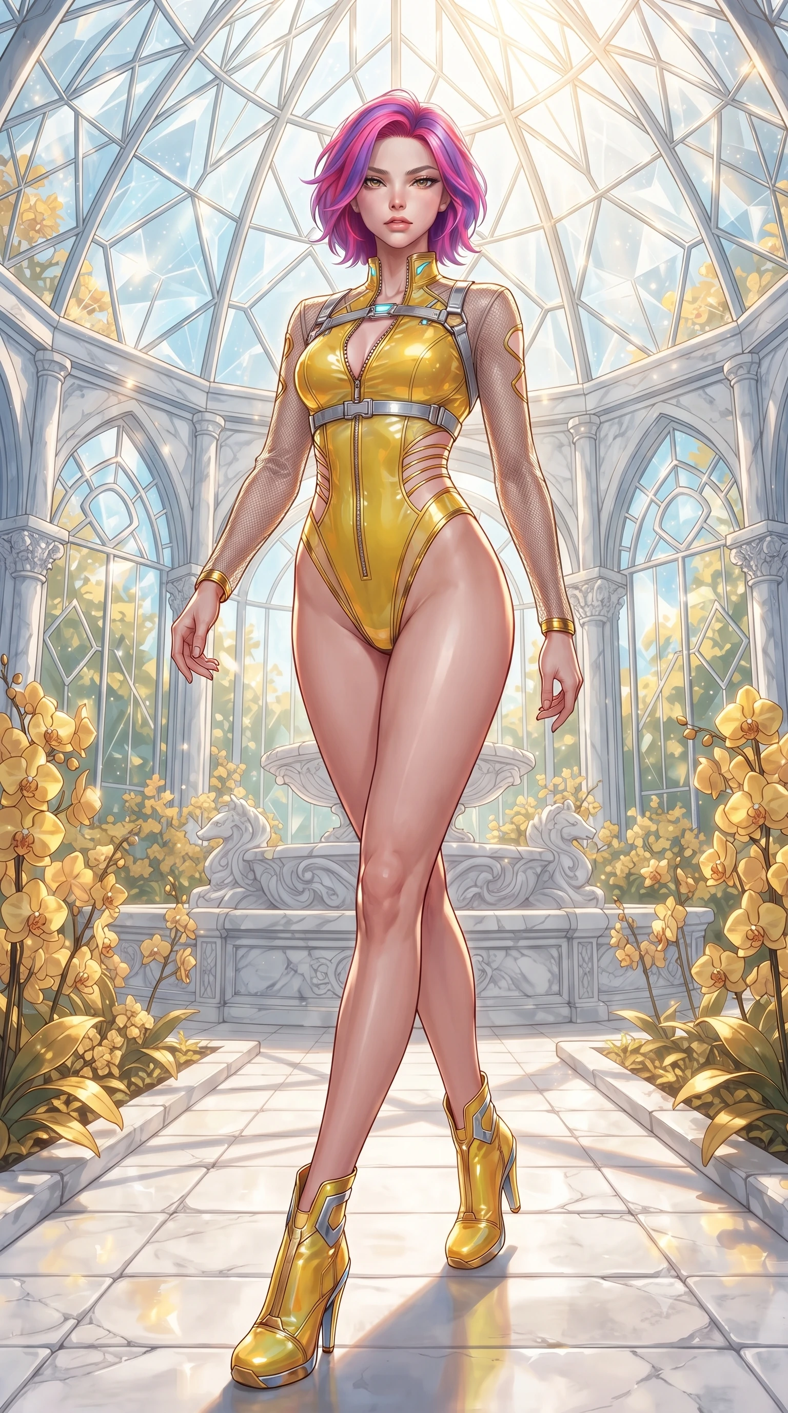 score_9, masterpiece, best quality, ultra-detailed, high-budget anime keyframe, editorial fashion photography, tasteful artistic composition, Caucasian woman. low angle full-body shot from head to toe showing her feet, filling the entire 9:16 vertical frame with her statuesque presence, stretching her vertical silhouette. striding forward in a proud, statuesque motion with a dangerous smolder, her vertical silhouette dominating the frame from head to toe while walking gracefully along a sunlit white stone aisle in a grand crystal conservatory surrounded by golden orchids. The surrounding environment is rendered in vivid detail and crisp panoramic clarity. crisp glass geometric lattices, marble fountain carvings, and sunlit stone pathways in high resolution. She has an absolutely perfect, statuesque 8.5-heads proportion, an exceptionally tall and slender model-like female figure with impossibly long slender legs, a toned flat midriff, and an ultra-slim waist. sharp v-shaped jawline, high-bridge nose, intricate jewel-like eyes with depth, thick eyelashes, glossy lips with a natural sheen, flawlessly proportioned anatomical accuracy, strict slender model proportions, natural body alignment, perfectly sculpted long slender limbs, ultra-slim waistline, clean dynamic posture without body distortion. wearing an ultra-sleek high-cut tech-bodysuit featuring dangerous diagonal slitted cutouts on the midriff and shoulders, reinforced by a metallic silver harness and sheer mesh sleeves in vibrant sunburst canary yellow and gold trim, tailored from semi-translucent cybernetic vinyl with glowing micro-filaments, featuring a dangerously unzipped neckline framed by glowing cybernetic accents, the liquid-tight tailored fabric emphasizing every curve of her tall, slender model proportions and sculptured silhouette during dynamic movement. bathed in intense volumetric golden sunbeams streaming through crystalline glass dome panes. ultra-reflective glossy finish, specular highlights, metallic sheen, high-contrast stereoscopic depth, volumetric dynamic lighting, 2k, ultra detail, master piece, 9:16 ratio