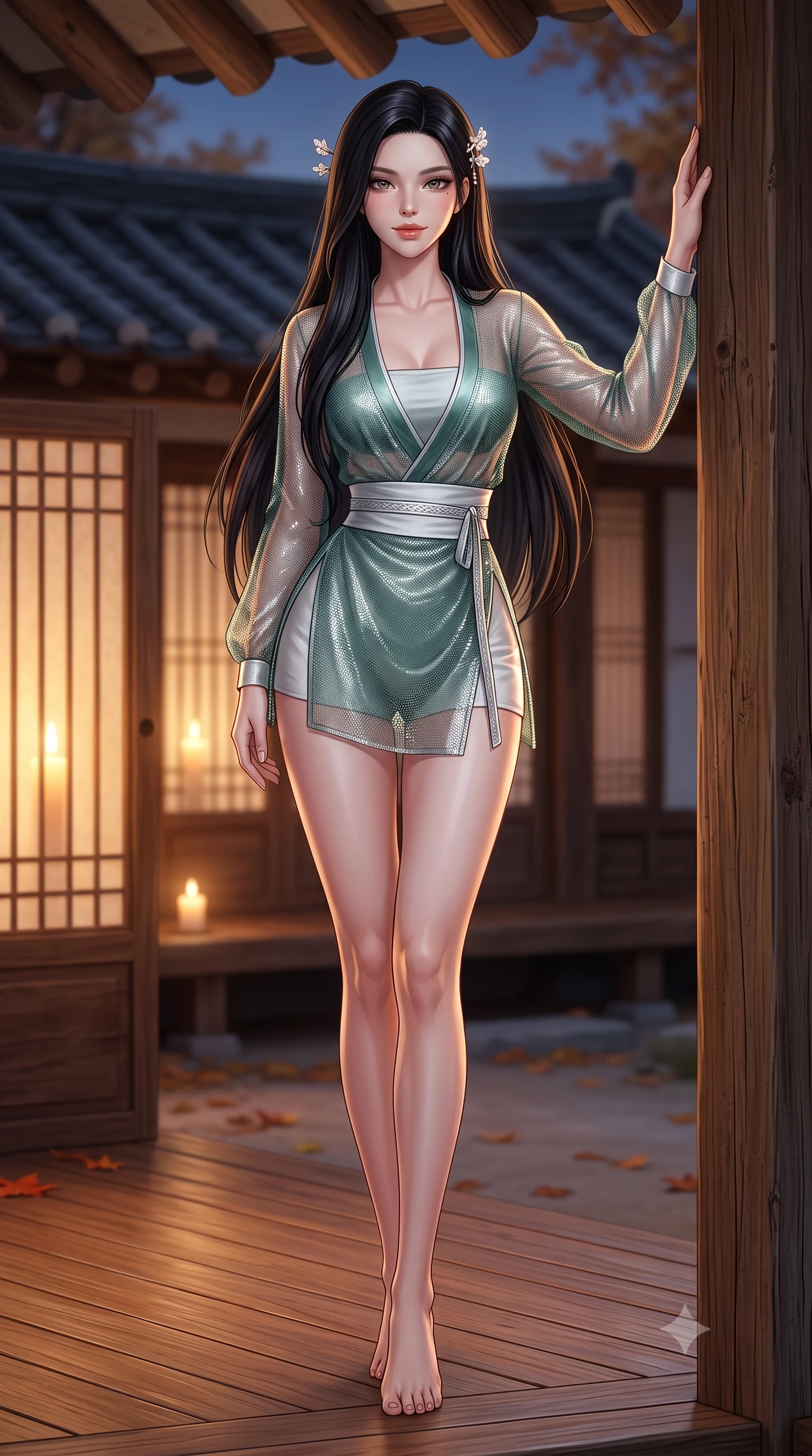 score_9, masterpiece, best quality, ultra-detailed, high-budget anime keyframe, semi-realistic 3D game render, editorial fashion photography, tasteful artistic composition, Korean woman. low angle full-body shot from head to toe showing her feet, filling the entire 9:16 vertical frame with her statuesque presence, stretching her vertical silhouette. standing tall beside the architectural column, one hand resting high while arching her lower back to emphasize her sculpted feminine hips and slender waist while standing on the polished wooden maru floor overlooking the courtyard, arching her back with sovereign Joseon glamour and bedroom-eyes. The background shows a soft-focus warm candlelight glowing through translucent hanji paper doors softened in peaceful autumnal shallow focus. She has an absolutely perfect, statuesque 8.5-heads proportion, an exceptionally tall and slender model-like female figure with impossibly long slender legs, an ultra-slim waist, a flat toned midriff, narrow delicate ribcage, and beautifully sculpted feminine hips creating a graceful, slim hourglass silhouette without any bulky heaviness. sharp v-shaped jawline, high-bridge nose, sparkling eyes with hypnotic seductive depth, thick curled eyelashes, glossy parted lips with a natural dewy peach sheen, alluring bedroom-eyes with an enchanting coquettish smile, exuding magnetic siren charisma and sophisticated glamour, flawlessly proportioned anatomical accuracy, strict slender model proportions, natural body alignment, perfectly sculpted long slender limbs, ultra-slim waistline, clean dynamic posture without body distortion. wearing a deep V-neck sheer gossamer hanbok blouse layered over an opaque silk bandeau and high-waisted wrap shorts in moonlit jade green and pure alabaster white with silver accents, crafted from shimmering fluid chainmail mesh reflecting ambient neon lights, finished with delicate mother-of-pearl hairpin ornaments glinting in her dark glossy hair, the high-slit wrap tailoring accentuating her ultra-slim waistline and the enchanting curve of her feminine hips with alluring seductive charm. illuminated by paper screen glow bounce and sharp amber rim lights sculpting her jawline, ultra-slim waist, and curvy hips. highly saturated vibrant anime colors, detailed shading with soft gradients, rich glossy textures, high-contrast stereoscopic depth, volumetric dynamic lighting, master piece, 9:16 ratio