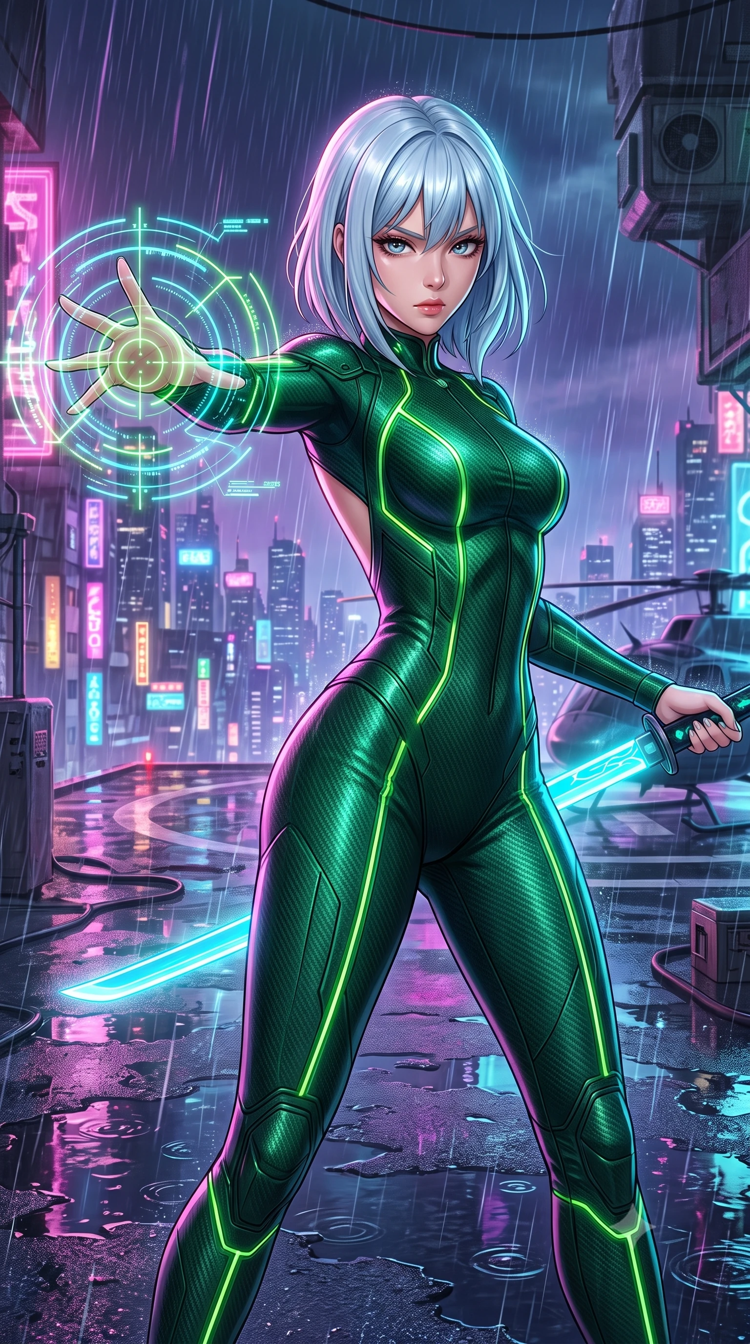 score_9, masterpiece, best quality, ultra-detailed, high-budget anime keyframe, semi-realistic 3D game render, editorial fashion photography, tasteful artistic composition, Korean woman. close-up cowboy shot from the waist and thighs up, the character dominates the composition, filling the frame with her large presence. extending one arm gracefully as glowing holographic targeting reticles and data streams orbit her fingertips with sovereign power while standing with supreme combat grace on a wet skyscraper helipad amidst heavy neon rain while drawing a glowing cyan plasma katana. The surrounding environment is rendered in vivid detail and crisp panoramic clarity. high-contrast tactical chiaroscuro and atmospheric cyberpunk urban textures captured with precision. She has an exceptionally elegant, slender, and willowy female figure with an ultra-slim waist, a gracefully sculpted slender torso, toned flat midriff, and a refined slim silhouette. sharp v-shaped jawline, high-bridge nose, intricate jewel-like eyes with depth, thick eyelashes, glossy lips with a natural sheen, flawlessly proportioned anatomical accuracy, strict slender model proportions, natural body alignment, perfectly sculpted long slender limbs, ultra-slim waistline, clean dynamic posture without body distortion. wearing a tailored emerald-green carbon-fiber tactical jumpsuit with glowing lime LED channels and an open cowl back, drawing a floating holographic photon energy bow with supreme grace in emerald green carbon composite with glowing lime laser channels, made of liquid carbon-jersey fabric adhering flawlessly to her sculpted silhouette, featuring a sleek aerodynamic collar framed by subtle glowing cybernetic status LEDs, the form-contouring material adhering flawlessly to her sculpted flat midriff and slender torso, emphasizing her long leg lines and perfectly proportioned willowy build. surrounded by an exhilarating, fierce, and breathtakingly stylish cyber-valkyrie aura. rich saturated anime colors with glowing neon highlights, detailed shading with soft gradients, rich glossy textures, high-contrast stereoscopic depth, volumetric dynamic lighting, master piece, 9:16 ratio