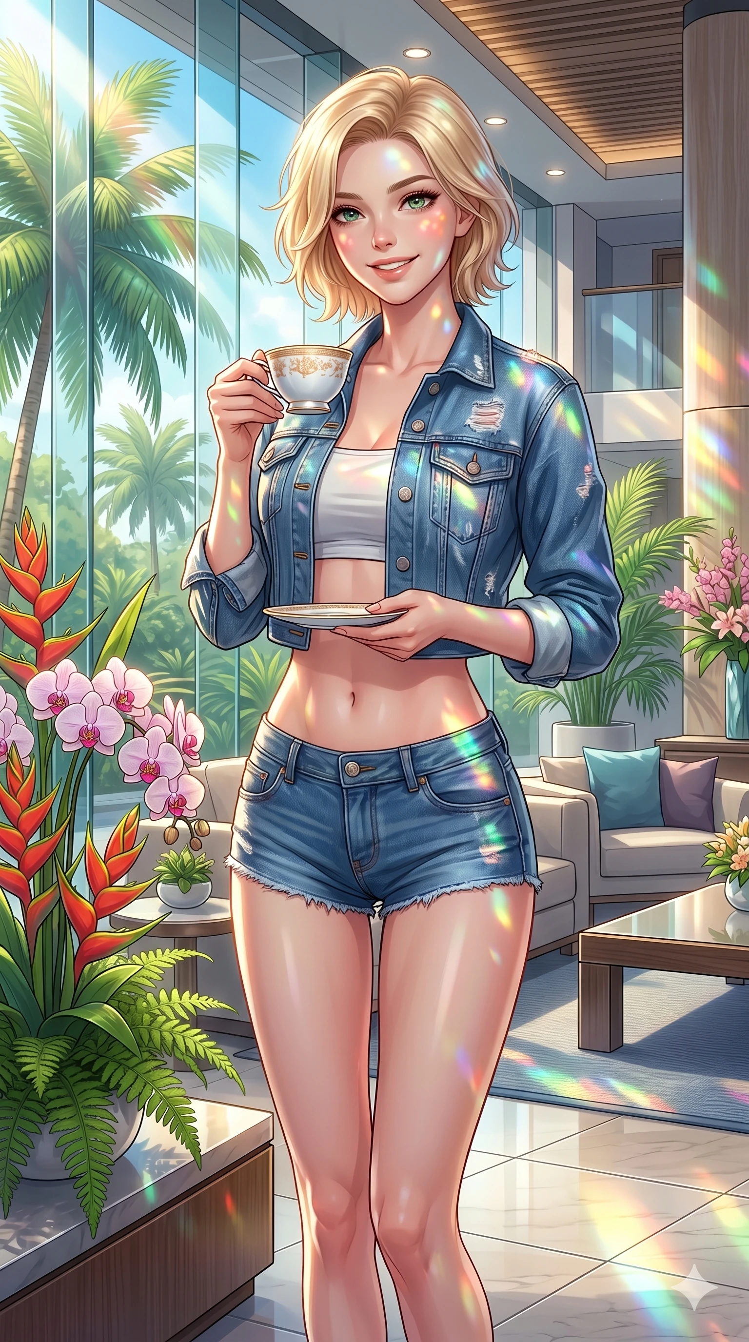 score_9, masterpiece, best quality, ultra-detailed, high-budget anime keyframe, vibrant anime aesthetic, Caucasian woman, strictly human ears. cowboy shot from the thighs up, character and outfit filling the frame for maximum presence. She is holding a cup of tea, smiling warmly with a gentle and cheerful gaze by a modern resort lobby with palm gardens (Code-P20-101). She has an absolutely perfect 8-heads proportion, an exceptionally tall and slender female figure with impossibly long slender legs and an ultra-slim waist. V-shaped jawline, high-bridge nose, intricate jewel-like eyes with depth, thick eyelashes, glossy lips with a natural sheen. wearing a cropped denim jacket showing her exposed midriff and micro-shorts. She is lit by bright sunbeams reflecting off spring flowers, casting colorful highlights. 2k, ultra detail, master piece, 9:16 ratio