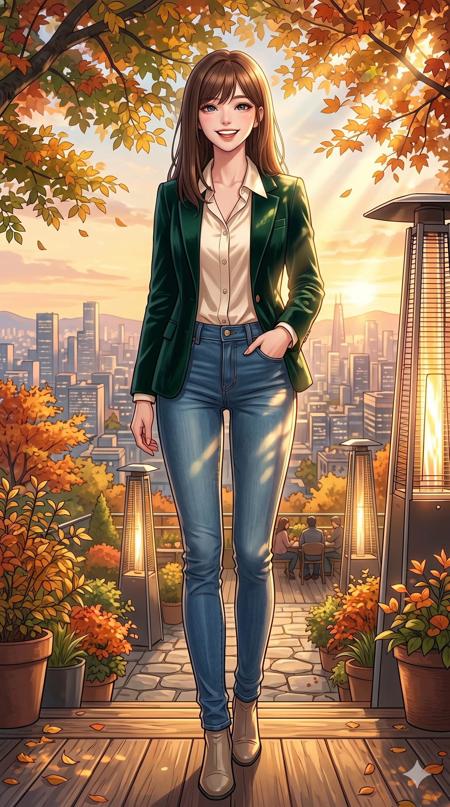 score_9, masterpiece, best quality, ultra-detailed, high-budget anime keyframe, vibrant anime aesthetic, Korean woman. low angle full-body shot from head to toe showing her feet, filling the entire 9:16 vertical frame with her statuesque presence, stretching her vertical silhouette. She is posing with a bright grin, one hand in her pocket, looking at the lens with joyful eyes standing on a private rooftop garden with warm outdoor heaters and a scenic city view (Code-P21-012). She has an absolutely perfect 8-heads proportion, an exceptionally tall and slender female figure with impossibly long slender legs and an ultra-slim waist. V-shaped jawline, high-bridge nose, intricate jewel-like eyes with depth, thick eyelashes, glossy lips with a natural sheen. wearing a tailored velvet blazer over a satin collar blouse and slim-fit jeans. She is drenched in soft sunbeams filtering through autumn leaves, casting a warm golden glow. 2k, ultra detail, master piece, 9:16 ratio