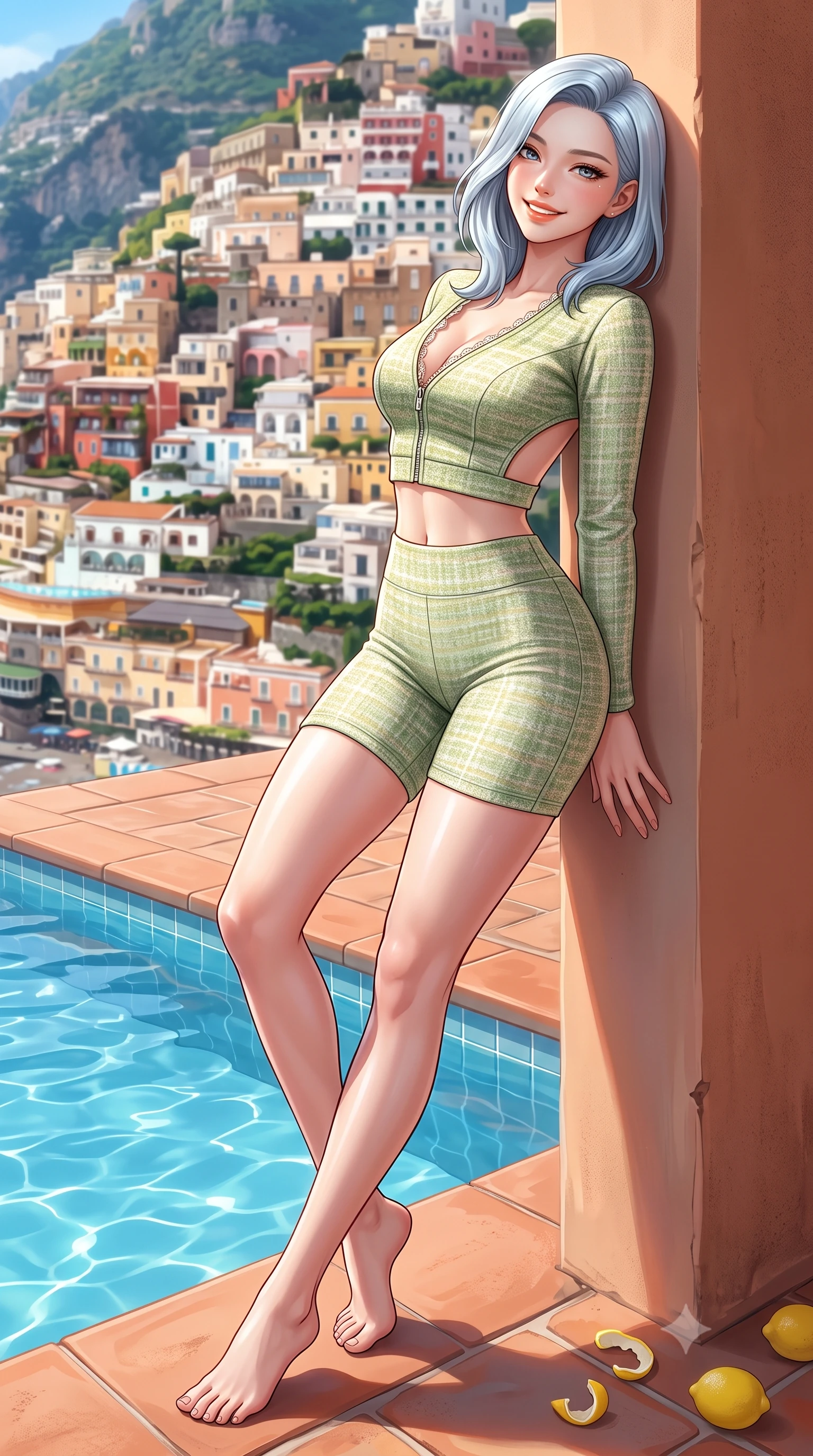 score_9, masterpiece, best quality, ultra-detailed, high-budget anime keyframe, semi-realistic 3D game render, editorial fashion photography, tasteful artistic composition, Korean woman. low angle full-body shot from head to toe showing her feet, filling the entire 9:16 vertical frame with her statuesque presence, stretching her vertical silhouette. leaning deep against the sunlit architecture with hips cocked back in a cute yet unapologetically alluring high-fashion stance, flashing a warm beaming smile while leaning back against the smooth terracotta pool coping, her long slender legs and feminine curves highlighted as Positano cascades down behind her. The surrounding environment is rendered in vivid detail and crisp panoramic clarity. sharp pool water surface tension, terracotta tile textures, and lemon rind details in deep focus. She has an exceptionally tall and slender model-like 8.5-heads proportion, an ultra-slim waist, a flat toned midriff, narrow delicate ribcage, and beautifully sculpted feminine hips creating a graceful, slim hourglass silhouette without any bulky heaviness, with impossibly long slender legs. sharp v-shaped jawline, high-bridge nose, intricate jewel-like sparkling eyes with depth, thick eyelashes, glossy parted lips with a natural peach sheen, bright cheerful beaming smile with an enchanting and coquettish sensual glint, exuding both youthful cute charm and seductive allure, flawlessly proportioned anatomical accuracy, strict slender model proportions, natural body alignment, perfectly sculpted long slender limbs, ultra-slim waistline, clean dynamic posture without body distortion. wearing a sporty chic zip-up crop jacket paired with high-waisted biker shorts clinging to her athletic hips in matcha green and warm ivory, tailored from soft pastel tweed with subtle metallic shimmer, finished with delicate lace scallop edging along the neckline, the precision-cut side openings and low-back scoop framing her graceful spine and the sensual sweep of her slim, toned hips. illuminated by intense pool water specular reflections sharply defining her razor-sharp jawline, narrow waist, and curvy hips. highly saturated vibrant anime colors, detailed shading with soft gradients, rich glossy textures, high-contrast stereoscopic depth, volumetric dynamic lighting, master piece, 9:16 ratio