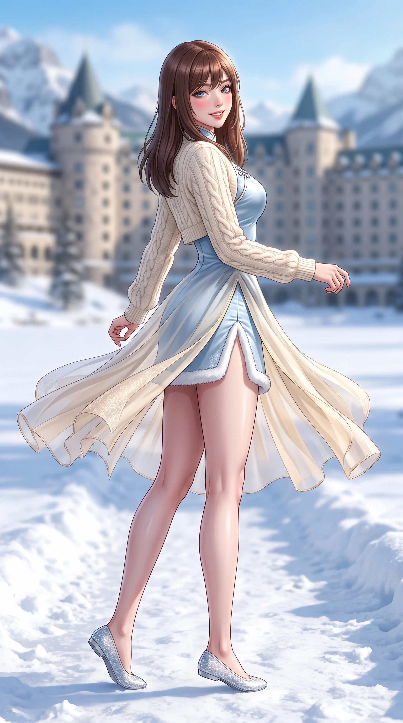 score_9, masterpiece, best quality, ultra-detailed, high-budget anime keyframe, semi-realistic 3D game render, editorial fashion photography, tasteful artistic composition, Korean woman. low angle full-body shot from head to toe showing her feet, filling the entire 9:16 vertical frame with her statuesque presence, stretching her vertical silhouette. executing a cheerful mid-motion pivot turn as her winter skirt flutters around her slender legs, glancing over her shoulder with an intoxicating, teasing bedroom-gaze while twisting her slender torso in an alluring contrapposto stance, mountain breezes fluttering her luxurious knitwear around her slender legs and hips. The composition keeps background elements in soft focus with dreamy creamy bokeh. the fairytale stone turrets of Fairmont Chateau Lake Louise softened in Canadian Rockies shallow focus. She has an exceptionally tall and slender model-like 8.5-heads proportion, an ultra-slim waist, a flat toned midriff, narrow delicate ribcage, and beautifully sculpted feminine hips creating a graceful, slim hourglass silhouette without any bulky heaviness, with impossibly long slender legs. sharp v-shaped jawline, high-bridge nose, sparkling ice-crystal eyes with depth, frosty thick lashes, glossy parted lips with a rosy berry sheen, bright playful smile with an intoxicating seductive glint, rosy flushed cheeks radiating cozy warmth and dangerous allure, flawlessly proportioned anatomical accuracy, strict slender model proportions, natural body alignment, perfectly sculpted long slender limbs, ultra-slim waistline, clean dynamic posture without body distortion. wearing a modern cute winter qipao mini dress in frost-blue silk with white fur trim and side hip slits in soft winter cream and pale champagne gold, woven from layered gossamer chiffon with ethereal weightless flutter, finished with delicate silver beaded trim along the hem that glitters like frost, the form-contouring cut accentuating her sculpted flat midriff, narrow delicate ribcage, and gracefully curvy hips with alpine supermodel elegance. bathed in brilliant Canadian mountain sunlight reflecting off the vast frozen glacier basin. highly saturated vibrant anime colors, detailed shading with soft gradients, rich glossy textures, high-contrast stereoscopic depth, volumetric dynamic lighting, master piece, 9:16 ratio