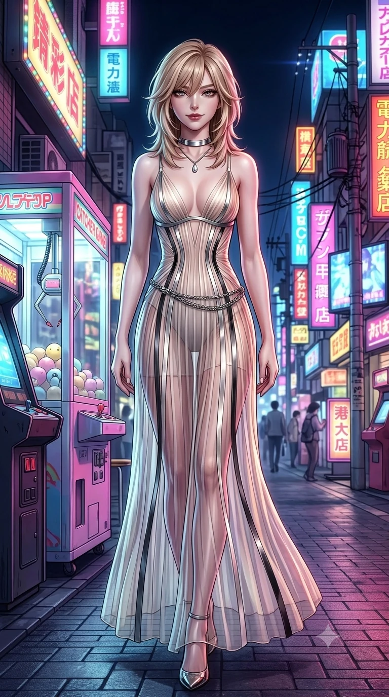 score_9, masterpiece, best quality, ultra-detailed, high-budget anime keyframe, semi-realistic 3D game render, editorial fashion photography, tasteful artistic composition, Japanese woman. low angle full-body shot from head to toe showing her feet, filling the entire 9:16 vertical frame with her statuesque presence, stretching her vertical silhouette. stepping slowly toward the camera with hypnotic grace, hips swaying in an alluring sensual rhythm that accentuates her curvy hourglass silhouette and long slender legs while twisting her slender torso in an alluring S-curve beside the retro crane machine vitrine, colorful game lights dancing across her curves. The surrounding environment is rendered in vivid detail and crisp panoramic clarity: detailed liquid vinyl mini dress cling, snake chain belt, and electronic district textures in razor-sharp precision. She has an exceptionally tall and slender model-like 8.5-heads proportion, an ultra-slim waist, a flat toned midriff, narrow delicate ribcage, and beautifully sculpted feminine hips creating a graceful, slim hourglass silhouette without any bulky heaviness, with impossibly long slender legs. sharp v-shaped jawline, high-bridge nose, intricate jewel-like dark sparkling eyes with dangerous depth, thick curled eyelashes, glossy parted lips with a rich wine sheen, smoldering seductive half-smile with bedroom-eyes, exuding effortless superiority and intoxicating dark allure, flawlessly proportioned anatomical accuracy, strict slender model proportions, natural body alignment, perfectly sculpted long slender limbs, ultra-slim waistline, clean dynamic posture without body distortion. wearing a plunge-front sheer illusion tulle slip dress with liquid platinum ribbon stripes hugging her curves in celestial champagne ivory and high-gloss jet black, crafted from semi-sheer pleated silk chiffon layered over an opaque second-skin underlayer, finished with a minimalist chrome choker and a single teardrop pendant, the glove-like silhouette tightly following the natural contour of her hips and long slender legs with youthful 8.5-heads elegance. bathed in ultra-saturated rainbow neon glow from illuminated signboards and video screens. highly saturated vibrant anime colors, detailed shading with soft gradients, rich glossy textures, high-contrast stereoscopic depth, volumetric dynamic lighting, master piece, 9:16 ratio