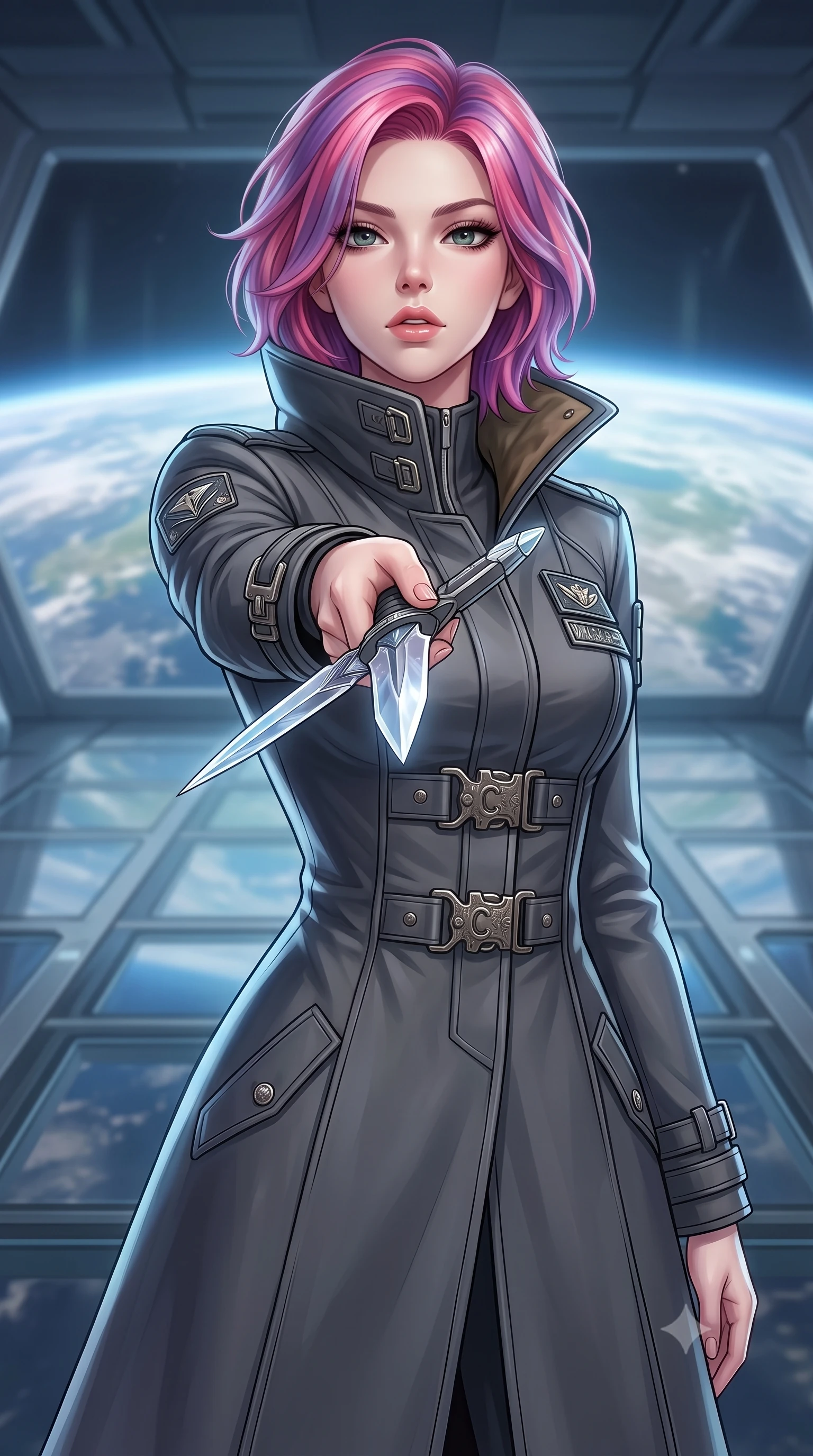 score_9, masterpiece, best quality, ultra-detailed, high-budget anime keyframe, editorial fashion photography, tasteful artistic composition, Caucasian woman. close-up cowboy shot from the waist and thighs up, the character dominates the composition, filling the frame with her large presence, background elements kept in soft focus. pointing a crystal-edged laser dagger forward in a defensive stance, tilting her chin up slightly with lips parted in a composed pose, the background shows a soft-focus a citadel bridge deck with glass panels showing a planet horizon below. She has an exceptionally elegant, slender, and willowy female figure with an ultra-slim waist, a gracefully sculpted slender torso, and a refined silhouette. sharp v-shaped jawline, high-bridge nose, intricate jewel-like eyes with depth, thick eyelashes, glossy lips with a natural sheen. wearing a slim-fit tailored future military trench coat in charcoal grey, worn closed with heavy metallic buckles and high-collar lining. cool silver light reflecting from the planet below wrapping her form in a glaze. highly saturated vibrant anime colors, detailed shading with soft gradients, rich glossy textures, high-contrast stereoscopic depth, volumetric dynamic lighting, master piece, 9:16 ratio