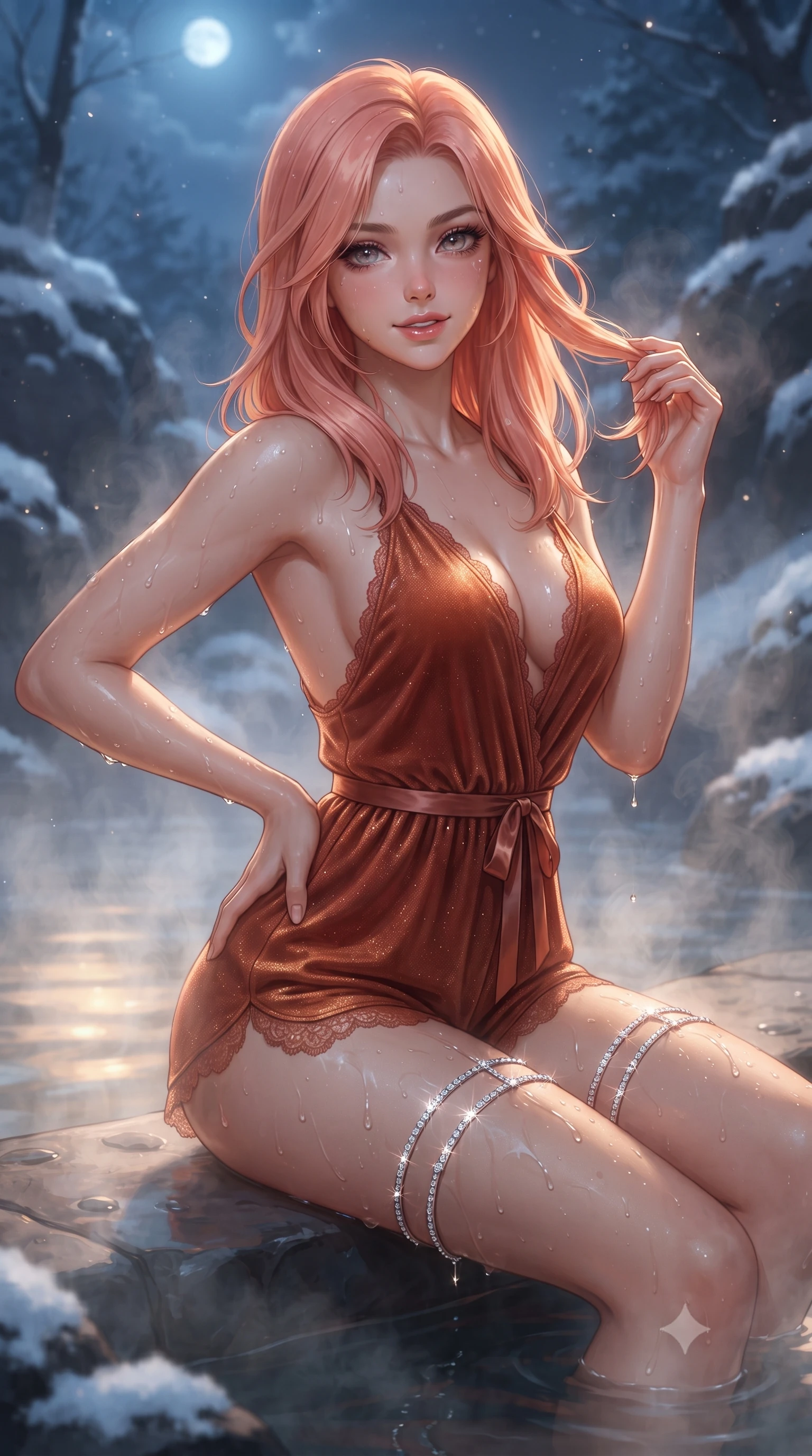 score_9, masterpiece, best quality, ultra-detailed, high-budget anime keyframe, editorial fashion photography, tasteful artistic composition, Japanese woman. close-up cowboy shot from the waist and thighs up, the character dominates the composition, filling the frame with her large presence. twisting her slender torso in an alluring contrapposto stance, one hand resting on her sculpted hip while her fingers toy with her hair with effortless poise while sitting poised on the submerged smooth basalt ledge of the outdoor hot spring, arching her spine with wet-look siren grace amid billowing mineral steam. The surrounding environment is rendered in vivid detail and crisp panoramic clarity: sharp volcanic basalt stone textures, glistening water droplets on toned dewy skin, and fresh powder snow crystals on rocks in deep focus. She has an exceptionally elegant, slender, and willowy female figure with an ultra-slim waist, flat toned midriff, narrow ribcage, and sculpted feminine hips creating an alluring, slim hourglass silhouette without bulk. sharp v-shaped jawline, high-bridge nose, sparkling eyes with hypnotic seductive depth, thick curled eyelashes, glossy parted lips with a natural dewy peach sheen, alluring bedroom-eyes with an enchanting coquettish smile, exuding magnetic siren charisma and sophisticated glamour, flawlessly proportioned anatomical accuracy, strict slender model proportions, natural body alignment, perfectly sculpted long slender limbs, ultra-slim waistline, clean dynamic posture without body distortion. wearing a plunge-neck stretch velvet romper with scalloped eyelash-lace hems and a cinched waist ribbon in sun-drenched Tuscan terracotta and burnished copper, woven from stretch metallic lurex jersey casting radiant starlight glints across her silhouette, finished with delicate crystal-encrusted thigh garter straps glinting in the dim light, the precision-cut side openings and low-back scoop framing her graceful spine and the sensual sweep of her slim, toned hips. bathed in warm 3000K underwater thermal pool illumination contrasting with crisp blue polar moonlight. ultra-reflective glossy finish, specular highlights, rich textural contrasts, high-contrast stereoscopic depth, volumetric dynamic lighting, 2k, ultra detail, master piece, 9:16 ratio