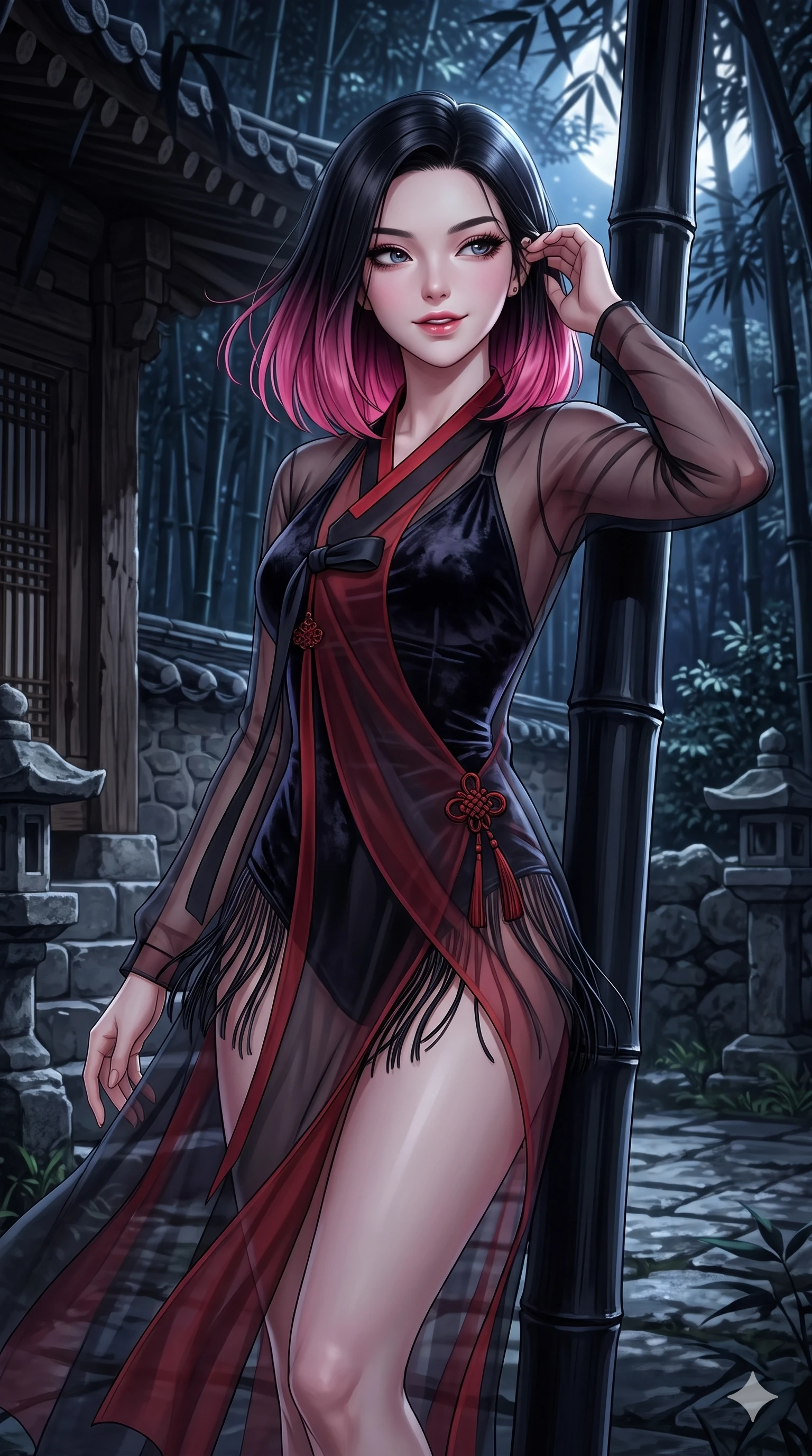 score_9, masterpiece, best quality, ultra-detailed, high-budget anime keyframe, semi-realistic 3D game render, editorial fashion photography, tasteful artistic composition, Korean woman. close-up cowboy shot from the waist and thighs up, the character dominates the composition, filling the frame with her large presence. gently brushing a lock of silk hair behind her ear while casting a playful, flirtatious side-gaze with long eyelashes while leaning against a black bamboo stalk with hips cocked back, night breezes fluttering her silk garments open around her curves. The surrounding environment is rendered in vivid detail and crisp panoramic clarity: detailed liquid-tight silk halter leotard tailoring, sheer nobang overskirt, and traditional shrine stonework in razor-sharp precision. She has an exceptionally elegant, slender, and willowy female figure with an ultra-slim waist, flat toned midriff, narrow ribcage, and sculpted feminine hips creating an alluring, slim hourglass silhouette without bulk. sharp v-shaped jawline, high-bridge nose, sparkling eyes with hypnotic seductive depth, thick curled eyelashes, glossy parted lips with a natural dewy peach sheen, alluring bedroom-eyes with an enchanting coquettish smile, exuding magnetic siren charisma and sophisticated glamour, flawlessly proportioned anatomical accuracy, strict slender model proportions, natural body alignment, perfectly sculpted long slender limbs, ultra-slim waistline, clean dynamic posture without body distortion. wearing a delicately layered semi-sheer gossamer nobang hanbok slip dress revealing her sculpted silhouette over an opaque micro-bandeau and briefs in midnight obsidian black and rich cinnabar red, tailored from crushed dark velvet with deep light-absorbing plush texture, finished with delicate silk fringe trim fluttering along her hip line with kinetic charm, the bespoke structured tailoring following the natural line of her 8.5-heads silhouette with refined elegance. bathed in crisp silver moonlight filtering down through dense bamboo canopies creating intricate linear shadows. highly saturated vibrant anime colors, detailed shading with soft gradients, rich glossy textures, high-contrast stereoscopic depth, volumetric dynamic lighting, master piece, 9:16 ratio