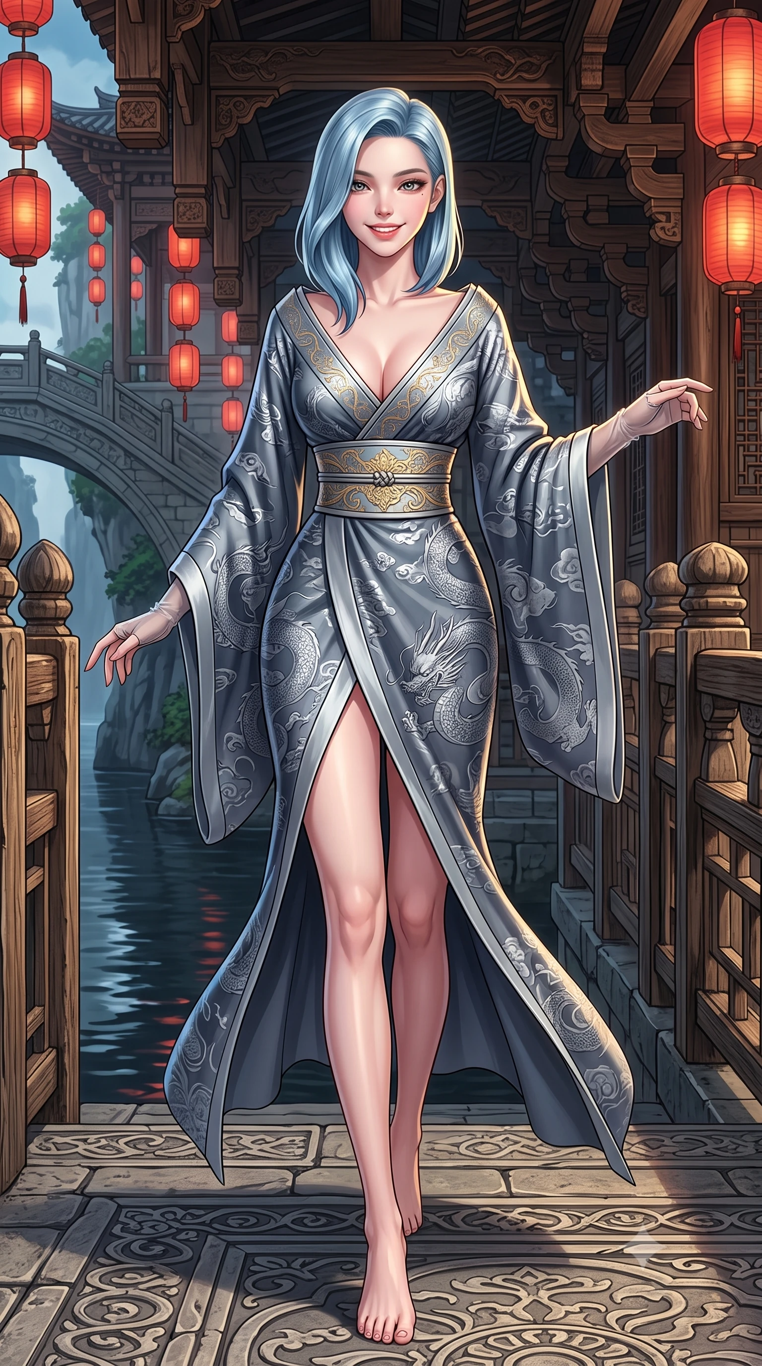 score_9, masterpiece, best quality, ultra-detailed, high-budget anime keyframe, semi-realistic 3D game render, editorial fashion photography, tasteful artistic composition, Korean woman. low angle full-body shot from head to toe showing her feet, filling the entire 9:16 vertical frame with her statuesque presence, stretching her vertical silhouette. stepping forward gracefully across the stone bridge in mid-motion with a radiant beaming smile, hips swaying in an alluring kinetic rhythm that accentuates her curvy hourglass silhouette and long slender legs while lounging in a private tea lounge booth with legs crossed, her high-slit silk dress commanding the futuristic Spirited-Away-style cliffside view. The surrounding environment is rendered in vivid detail and crisp panoramic clarity: sharp carved timber bracket joinery, red lantern silk texture, and weathered wooden balustrade grain in deep focus. She has an absolutely perfect, statuesque 8.5-heads proportion, an exceptionally tall and slender model-like female figure with impossibly long slender legs, an ultra-slim waist, a flat toned midriff, narrow delicate ribcage, and beautifully sculpted feminine hips creating a graceful, slim hourglass silhouette without any bulky heaviness. sharp v-shaped jawline, high-bridge nose, intricate jewel-like dark sparkling almond eyes with depth, thick lashes, glossy parted lips with a natural rose-plum sheen, bright alluring and coquettish smile with bedroom-eyes, exuding both timeless oriental elegance and sovereign high-fashion allure, flawlessly proportioned anatomical accuracy, strict slender model proportions, natural body alignment, perfectly sculpted long slender limbs, ultra-slim waistline, clean dynamic posture without body distortion. wearing a deep plunging-V modern kimono gown with wide flowing sleeves and a waist-cinching gold embroidered sash in misty ink-wash slate grey and liquid silver, made of rich jacquard silk with intricate embossed dragon and cloud motifs, complemented by delicate sheer silk fingerless gloves reaching past her elbows, the high-waisted wrap tailoring accentuating her ultra-slim waistline and the enchanting curve of her feminine hips with alluring oriental charm. illuminated by dark river surface reflection bounce and sharp gold rim lighting sculpting her razor-sharp jawline, narrow waist, and curvy hips. highly saturated vibrant anime colors, detailed shading with soft gradients, rich glossy textures, high-contrast stereoscopic depth, volumetric dynamic lighting, master piece, 9:16 ratio