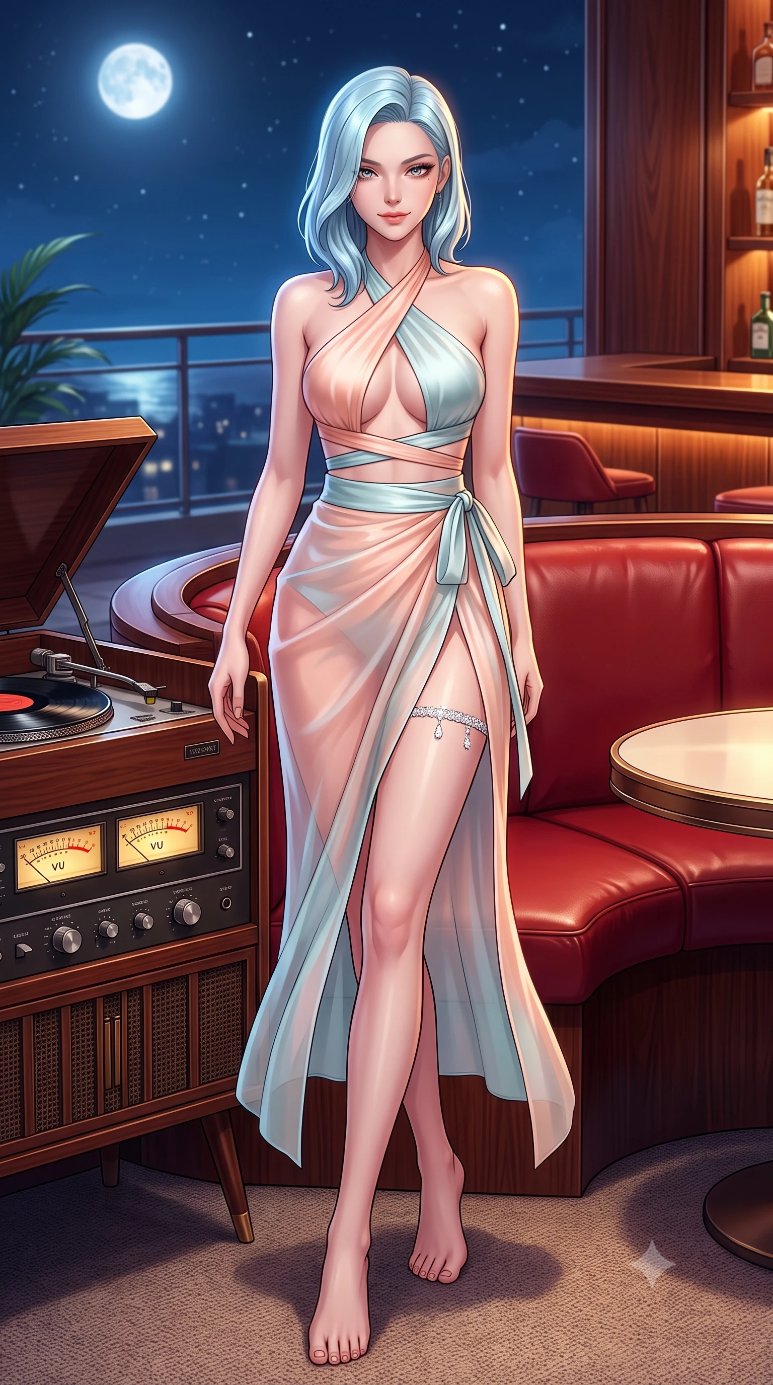 score_9, masterpiece, best quality, ultra-detailed, high-budget anime keyframe, semi-realistic 3D game render, editorial fashion photography, tasteful artistic composition, Korean woman. low angle full-body shot from head to toe showing her feet, filling the entire 9:16 vertical frame with her statuesque presence, stretching her vertical silhouette. walking along the moonlit terrace with poise, looking back over her bare shoulder with an irresistible smoldering bedroom-gaze while lounging across a circular red leather booth with legs crossed, arching her lower back with seductive retro lounge elegance. The surrounding environment is rendered in vivid detail and crisp panoramic clarity: sharp vinyl record groove sheen, analog stereo VU meter needle clarity, and polished mahogany bar grain in deep focus. She has an absolutely perfect, statuesque 8.5-heads proportion, an exceptionally tall and slender model-like female figure with impossibly long slender legs, an ultra-slim waist, a flat toned midriff, narrow delicate ribcage, and beautifully sculpted feminine hips creating a graceful, slim hourglass silhouette without any bulky heaviness. sharp v-shaped jawline, high-bridge nose, sparkling eyes with hypnotic seductive depth, thick curled eyelashes, glossy parted lips with a natural dewy peach sheen, alluring bedroom-eyes with an enchanting coquettish smile, exuding magnetic siren charisma and sophisticated glamour, flawlessly proportioned anatomical accuracy, strict slender model proportions, natural body alignment, perfectly sculpted long slender limbs, ultra-slim waistline, clean dynamic posture without body distortion. wearing a high-waisted silk wrap sarong skirt with a hip-high slit paired with a plunging criss-cross satin halter top in pastel peach blossom and celadon porcelain blue, made of delicate semi-sheer Korean gossamer organza with subtle pearlescent glints, accented with a delicate crystal-encrusted thigh garter strap glinting under the lights, the second-skin tailored fabric adhering flawlessly to her sculpted flat midriff and slender torso, emphasizing her long leg lines and perfectly proportioned willowy build. illuminated by polished bar counter bounce and sharp amber rim lighting sculpting her jawline, narrow waist, and curvy hips. highly saturated vibrant anime colors, detailed shading with soft gradients, rich glossy textures, high-contrast stereoscopic depth, volumetric dynamic lighting, master piece, 9:16 ratio