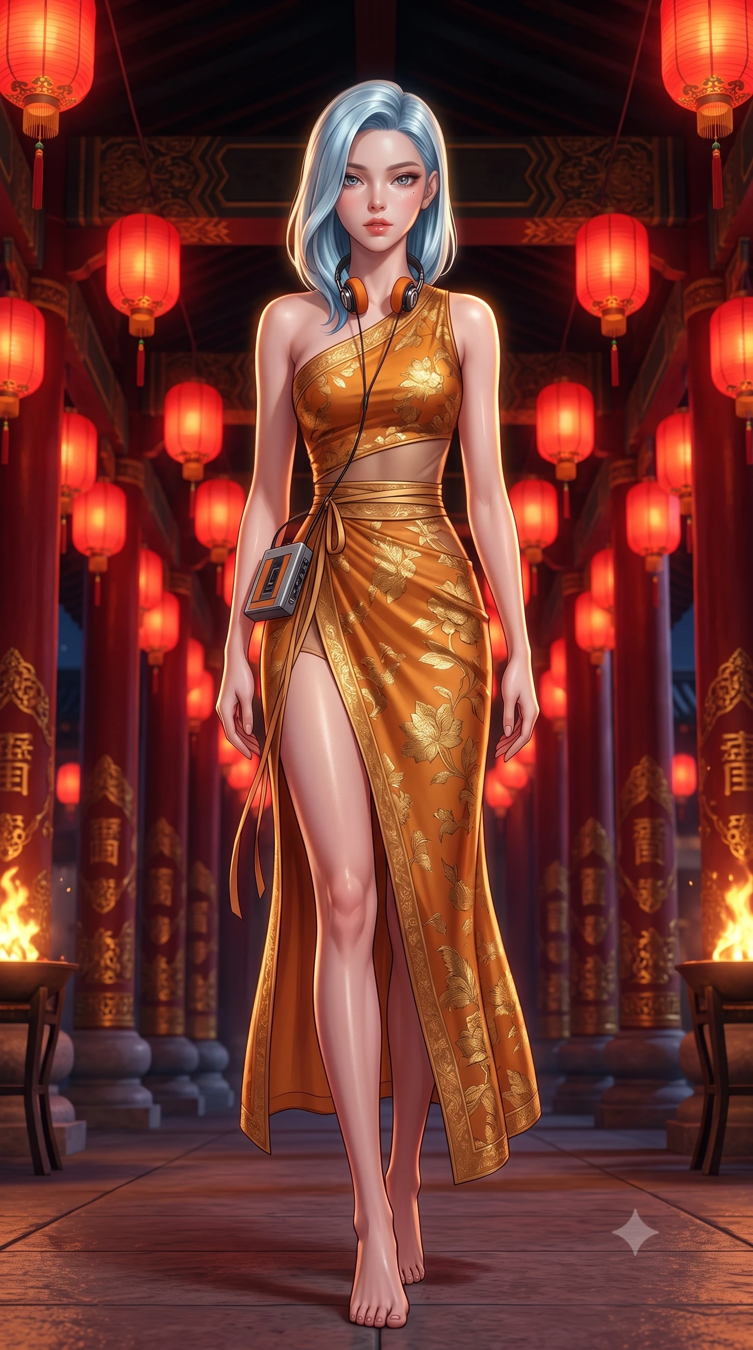 score_9, masterpiece, best quality, ultra-detailed, high-budget anime keyframe, semi-realistic 3D game render, editorial fashion photography, tasteful artistic composition, Korean woman. low angle full-body shot from head to toe showing her feet, filling the entire 9:16 vertical frame with her statuesque presence, stretching her vertical silhouette. stepping slowly toward the camera with hypnotic grace, hips swaying in an alluring sensual rhythm that accentuates her curvy hourglass silhouette and long slender legs while twisting her slender torso in an alluring contrapposto stance, palace festival lanterns casting vibrant crimson glow across her curves. The surrounding environment is rendered in vivid detail and crisp panoramic clarity: detailed gold-leaf stamped silk fabric, dewy skin highlights, and royal palace colonnade architecture in high resolution. She has an absolutely perfect, statuesque 8.5-heads proportion, an exceptionally tall and slender model-like female figure with impossibly long slender legs, an ultra-slim waist, a flat toned midriff, narrow delicate ribcage, and beautifully sculpted feminine hips creating a graceful, slim hourglass silhouette without any bulky heaviness. sharp v-shaped jawline, high-bridge nose, sparkling eyes with hypnotic seductive depth, thick curled eyelashes, glossy parted lips with a natural dewy peach sheen, alluring bedroom-eyes with an enchanting coquettish smile, exuding magnetic siren charisma and sophisticated glamour, flawlessly proportioned anatomical accuracy, strict slender model proportions, natural body alignment, perfectly sculpted long slender limbs, ultra-slim waistline, clean dynamic posture without body distortion. wearing an asymmetric one-shoulder modern hanbok tunic with dramatic side hip slit and delicate waist ribbons in warm amber honey and antique gold leaf, made of semi-opaque stretch illusion mesh with soft shadowy contours, complemented by a retro cassette walkman with vintage foam-padded orange headphones, the high-slit wrap tailoring accentuating her ultra-slim waistline and the enchanting curve of her feminine hips with alluring seductive charm. illuminated by brazier firelight fill and sharp golden rim lights sculpting her jawline, flat midriff, and voluptuous hip curves. highly saturated vibrant anime colors, detailed shading with soft gradients, rich glossy textures, high-contrast stereoscopic depth, volumetric dynamic lighting, master piece, 9:16 ratio