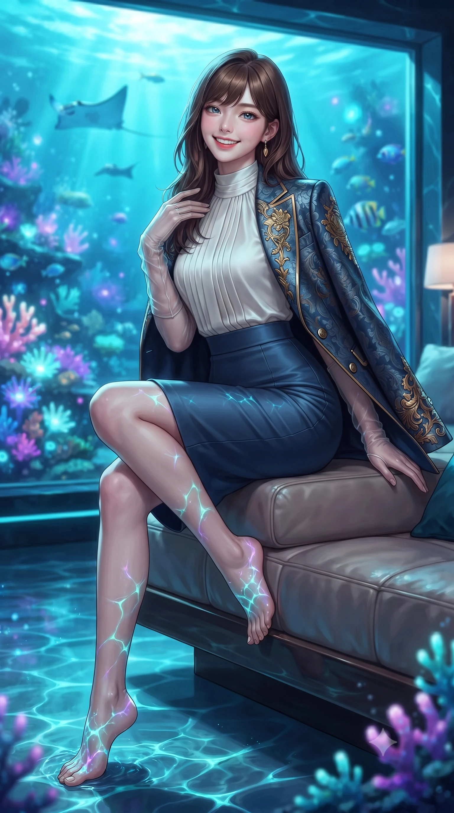 score_9, masterpiece, best quality, ultra-detailed, high-budget anime keyframe, editorial fashion photography, tasteful artistic composition, Korean woman. close-up cowboy shot from the waist and thighs up, the character dominates the composition, filling the frame with her large presence. perched sideways on the lounge seat, one knee drawn up to showcase her slender leg line while her arched back accentuates her feminine hip curve while twisting her slender torso in an alluring contrapposto stance on the submerged suite floor, glowing turquoise and violet coral caustics wrapping around her flat midriff and hips. The background shows a soft-focus illuminated coral reef gardens with glowing bioluminescent polyps, swimming manta rays and tropical fish through glass, blurred into electric cyan, violet, and navy bokeh. She has an exceptionally elegant, slender, and willowy female figure with an ultra-slim waist, flat toned midriff, narrow ribcage, and sculpted feminine hips creating an alluring, slim hourglass silhouette without bulk. sharp v-shaped jawline, high-bridge nose, intricate jewel-like sparkling eyes with depth, thick eyelashes, glossy parted lips with a natural peach sheen, bright cheerful beaming smile with an enchanting and coquettish sensual glint, exuding both youthful cute charm and seductive allure, flawlessly proportioned anatomical accuracy, strict slender model proportions, natural body alignment, perfectly sculpted long slender limbs, ultra-slim waistline, clean dynamic posture without body distortion. wearing a bespoke Florentine Medici-embroidered brocade cape blazer draped over a high-neck pleated silk blouse and tailored pencil skirt in Vltava misty twilight cobalt and polished brass, crafted from bespoke double-faced cashmere with an exceptionally soft tactile finish, complemented by sheer opera-length evening gloves tracing her slender arms, the bespoke structured tailoring following the natural line of her 8.5-heads silhouette with refined elegance. illuminated by water caustics bounce and sharp platinum-cyan rim lights sculpting her jawline, narrow waist, and curvy hips. ultra-reflective glossy finish, specular highlights, rich textural contrasts, high-contrast stereoscopic depth, volumetric dynamic lighting, 2k, ultra detail, master piece, 9:16 ratio