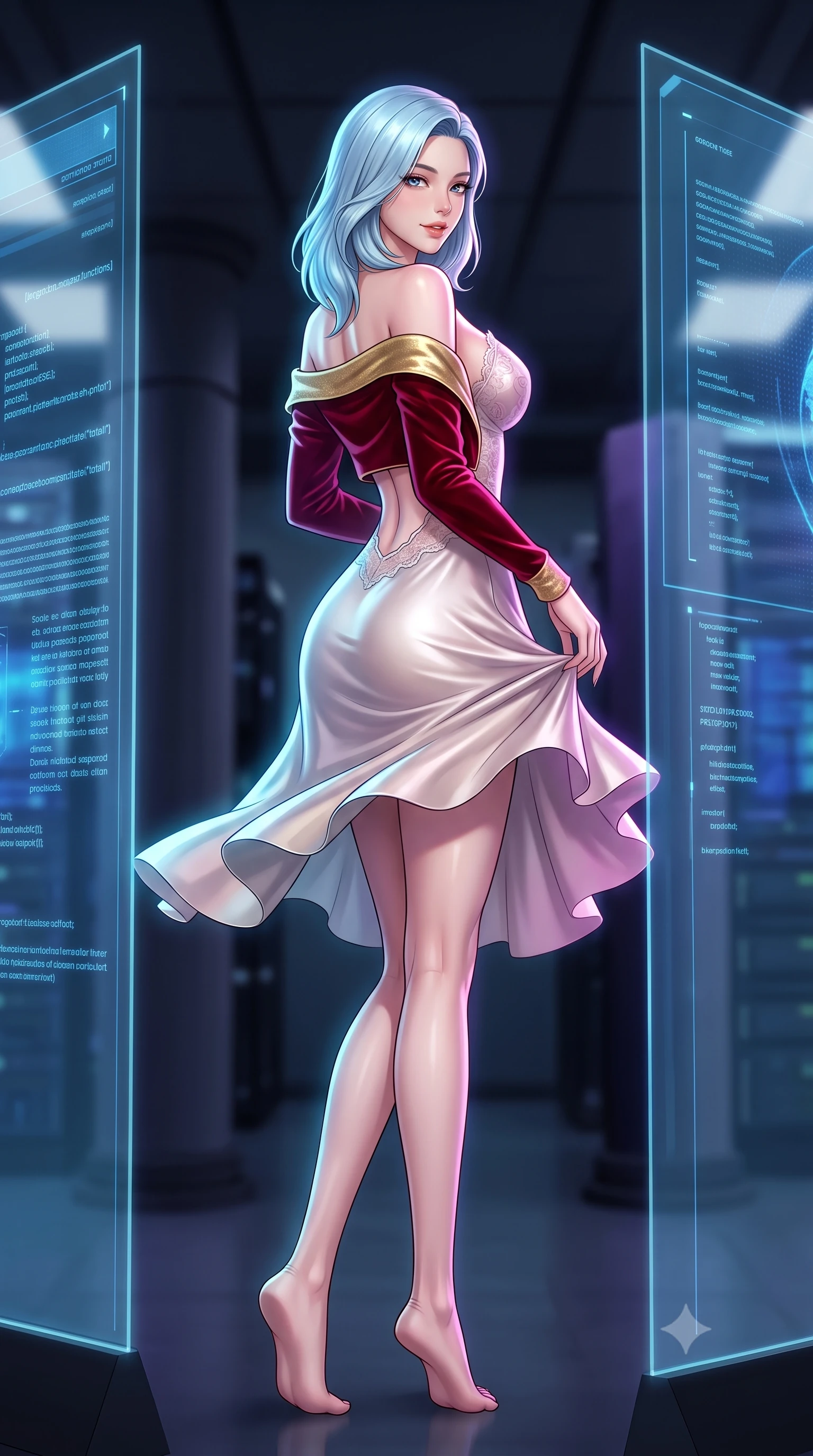 score_9, masterpiece, best quality, ultra-detailed, high-budget anime keyframe, semi-realistic 3D game render, editorial fashion photography, tasteful artistic composition, Korean woman. low angle full-body shot from head to toe showing her feet, filling the entire 9:16 vertical frame with her statuesque presence, stretching her vertical silhouette. executing a slow, graceful pivot turn as her skirt sways around her slender legs, glancing back with an enchanting, teasing sensual expression while standing poised between transparent glass projection displays with hips cocked back, blue data streams illuminating her hourglass contours. The background shows a soft-focus dark server room columns softened in high-tech subterranean shallow focus. She has an absolutely perfect, statuesque 8.5-heads proportion, an exceptionally tall and slender model-like female figure with impossibly long slender legs, an ultra-slim waist, a flat toned midriff, narrow delicate ribcage, and beautifully sculpted feminine hips creating a graceful, slim hourglass silhouette without any bulky heaviness. sharp v-shaped jawline, high-bridge nose, sparkling eyes with hypnotic seductive depth, thick curled eyelashes, glossy parted lips with a natural dewy peach sheen, alluring bedroom-eyes with an enchanting coquettish smile, exuding magnetic siren charisma and sophisticated glamour, flawlessly proportioned anatomical accuracy, strict slender model proportions, natural body alignment, perfectly sculpted long slender limbs, ultra-slim waistline, clean dynamic posture without body distortion. wearing a delicate sheer floral lace dancer teddy layered under an open tailored velvet bolero draped over bare shoulders in royal opera house crimson velvet and shimmering gold leaf, crafted from fluid liquid silk satin that clings smoothly to every curve with a dewy sheen, finished with scalloped eyelash lace trim framing her sweetheart neckline with intimate elegance, the precision-cut side openings and low-back scoop framing her graceful spine and the sensual sweep of her slim, toned hips. bathed in dynamic cyan and ultraviolet illumination radiating from giant holographic displays. highly saturated vibrant anime colors, detailed shading with soft gradients, rich glossy textures, high-contrast stereoscopic depth, volumetric dynamic lighting, master piece, 9:16 ratio