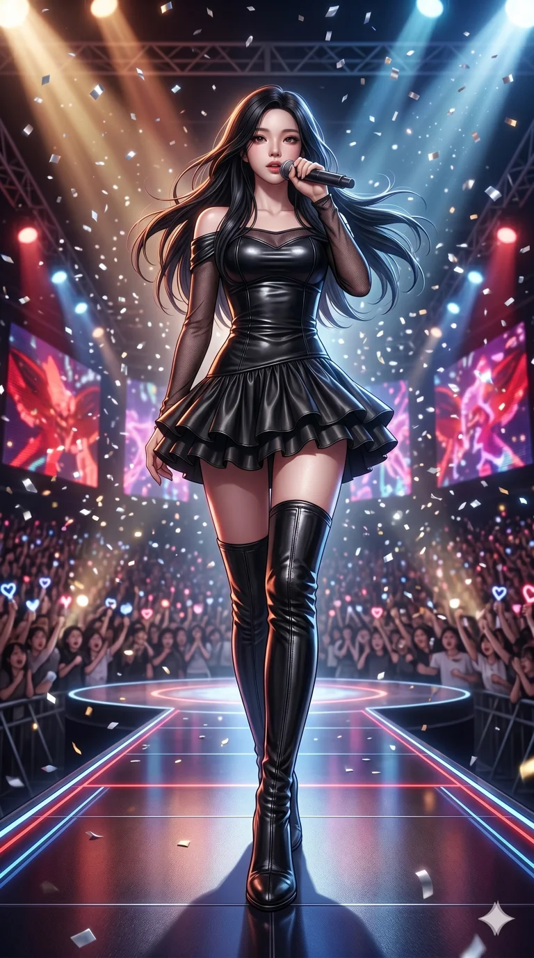 score_9, score_8_up, score_7_up, source_anime, masterpiece, best quality, ultra-detailed, same character with long flowing black hair, wearing the same outfit including black thigh-high boots, full body shot from a low angle, walking down the stage catwalk towards the fans, silver confetti raining down, blurred cheering crowd in the distance, cinematic lighting, 2k, 9:16 ratio