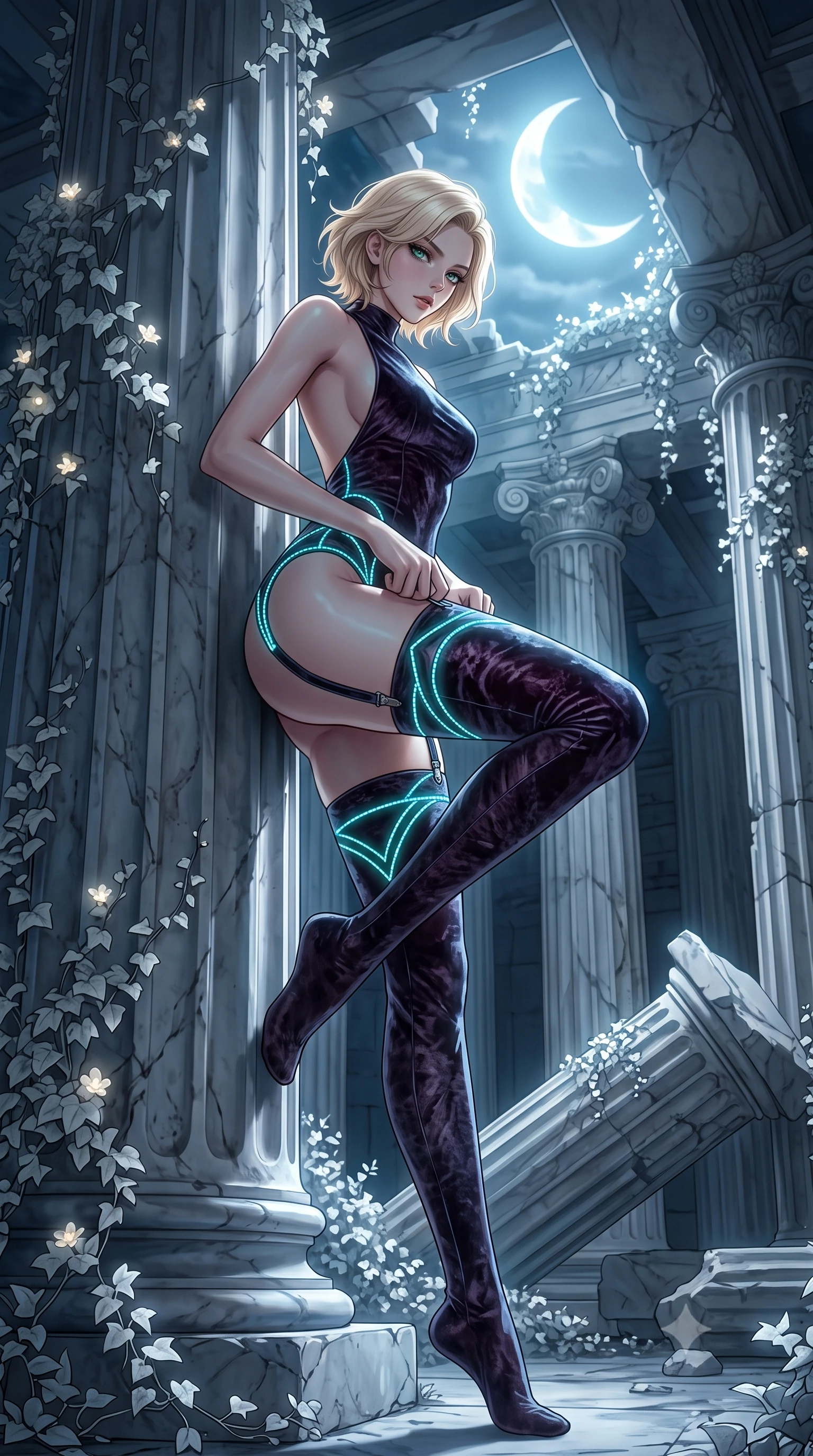 score_9, masterpiece, best quality, ultra-detailed, High-budget Anime Keyframe, Caucasian woman, strictly human ears. Low angle cowboy shot filling the entire 9:16 frame with her statuesque presence. Scenario 253: adjusting her thigh-high stocking near a moonlit ancient temple with collapsing marble pillars and white ivy. Her presence is magnetic and overpowering in this high-budget anime scene. Outfit 253: a form-contouring crushed dark velvet garter with a backless design and glowing LED seams. The clothing is designed to emphasize her exceptionally tall and slender 8-heads proportion. 8-heads proportion, towering silhouette, ultra-slim waist. sharp v-shaped jawline, intricate jewel-like eyes with depth, thick eyelashes, glossy lips. 2k, ultra detail, master piece, 9:16 ratio