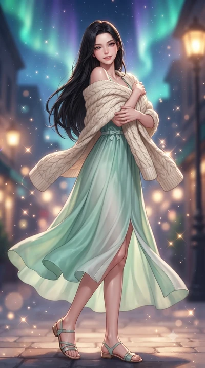 score_9, masterpiece, best quality, ultra-detailed, high-budget anime keyframe, editorial fashion photography, tasteful artistic composition, Korean woman. low angle full-body shot from head to toe showing her feet, filling the entire 9:16 vertical f
